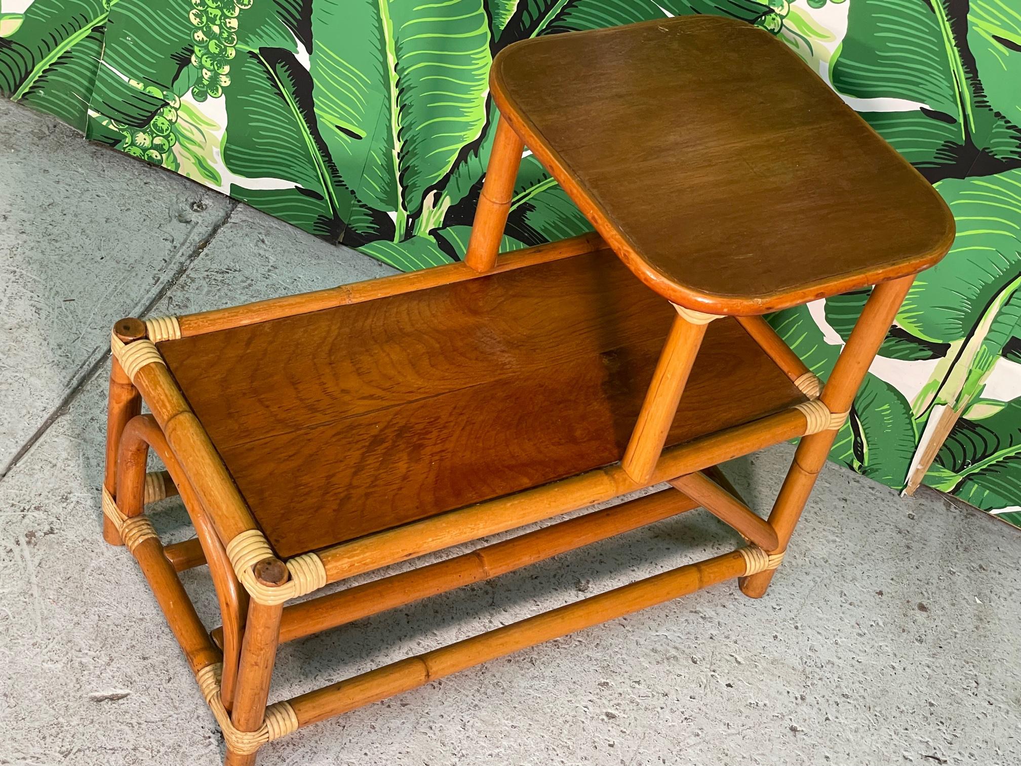 Organic Modern Midcentury Rattan Two-Tiered Side Table Features Mohagany Tops and Contrasting  For Sale