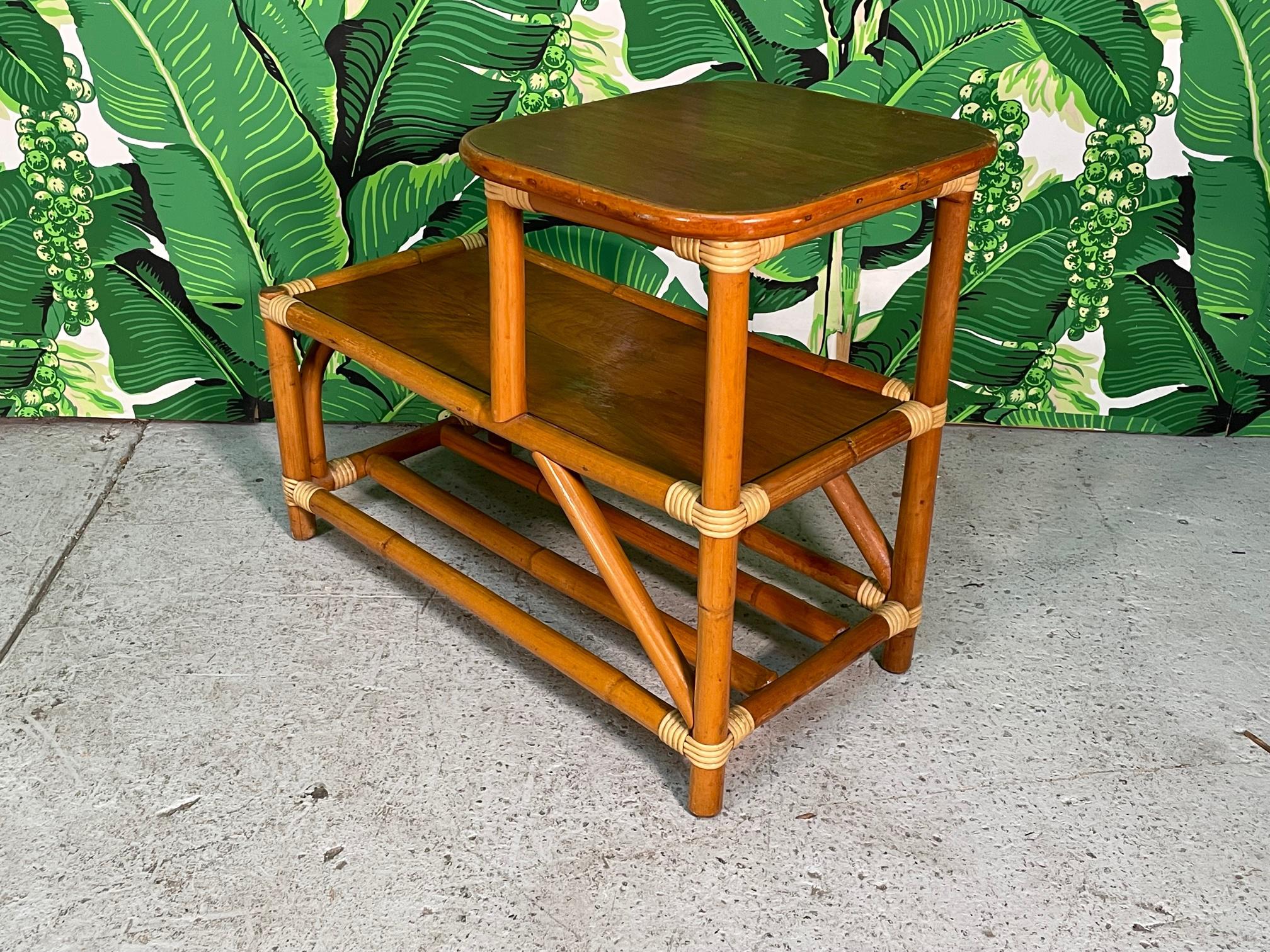 Late 20th Century Midcentury Rattan Two-Tiered Side Table Features Mohagany Tops and Contrasting  For Sale