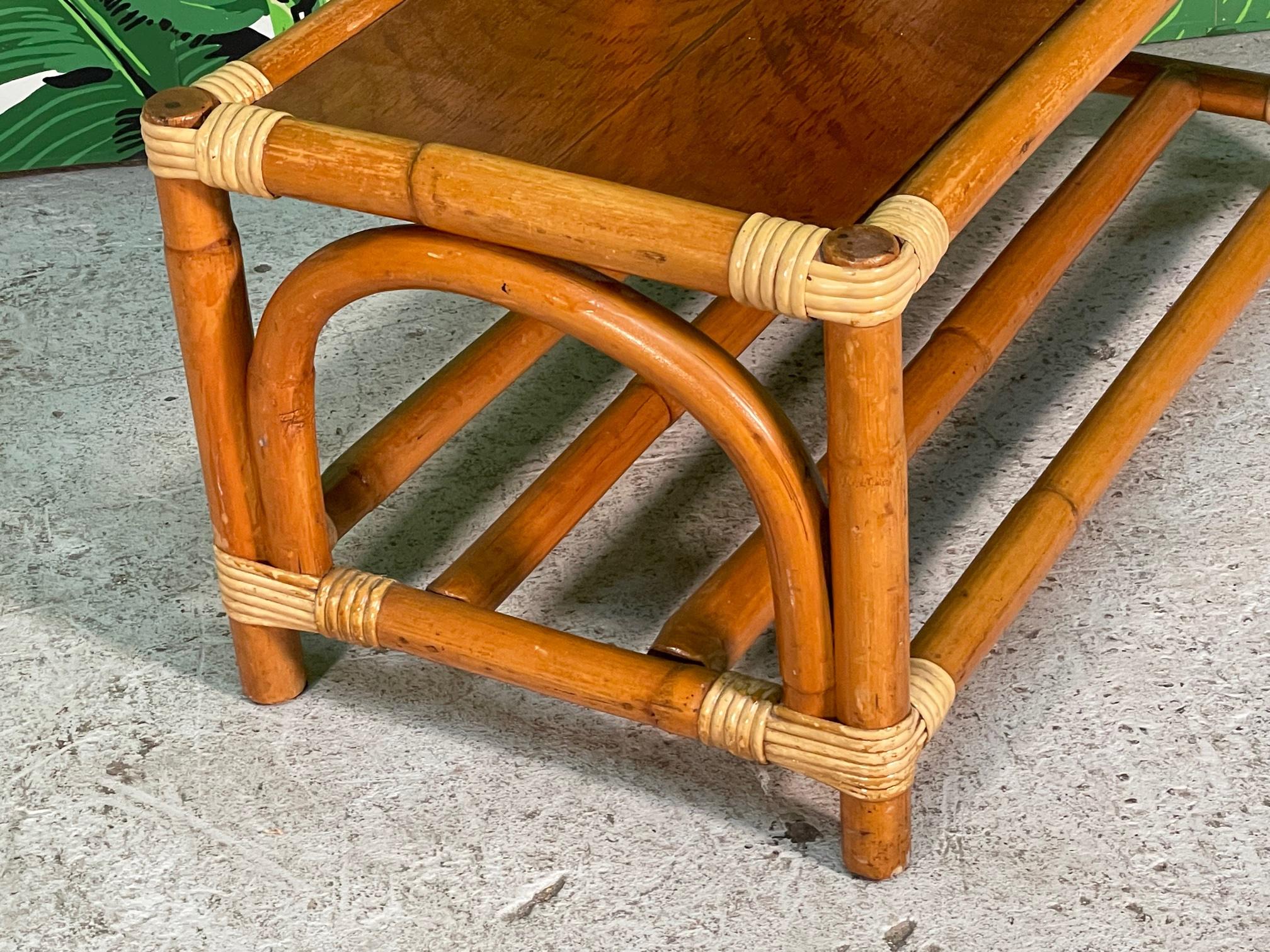 Midcentury Rattan Two-Tiered Side Table Features Mohagany Tops and Contrasting  For Sale 1