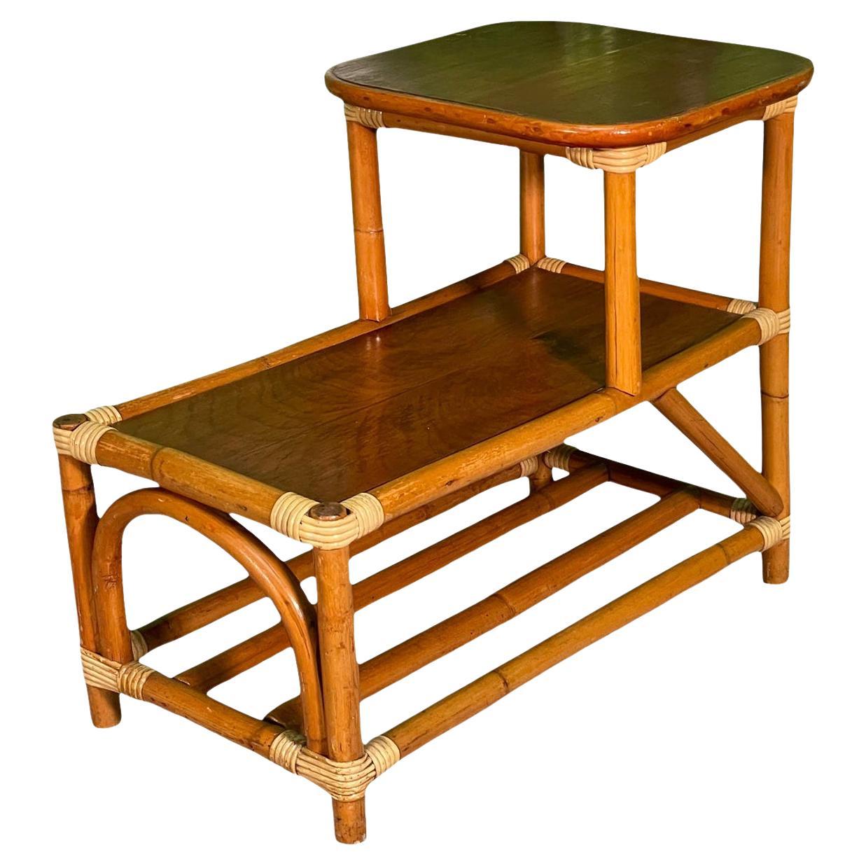 Midcentury Rattan Two-Tiered Side Table Features Mohagany Tops and Contrasting  For Sale