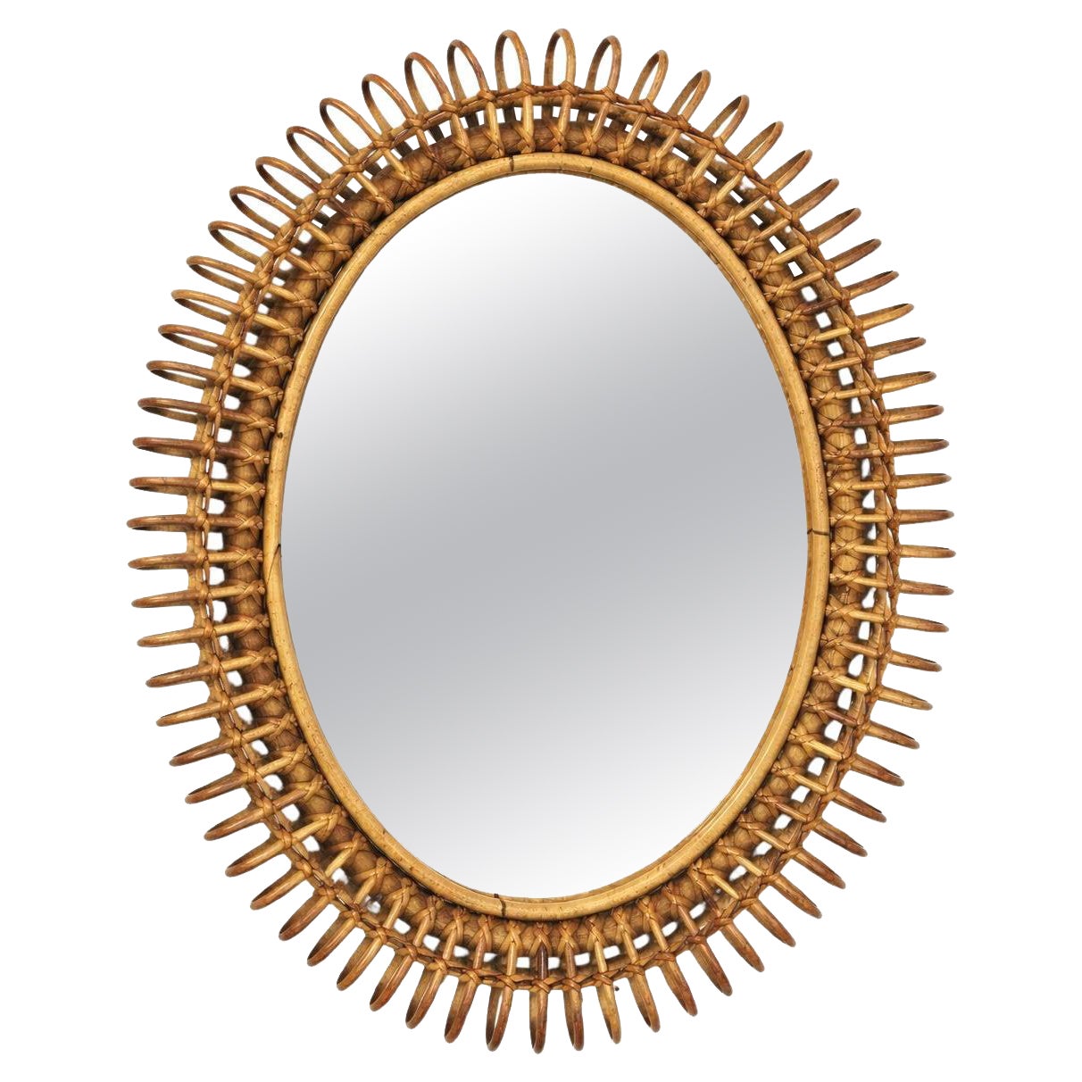 Mid-Century Rattan Wall Mirror in Style of Franco Albini, Italy, 1960s