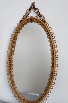 Mid-Century Rattan Wall Mirror with Hanging Chain (circa 1960s)