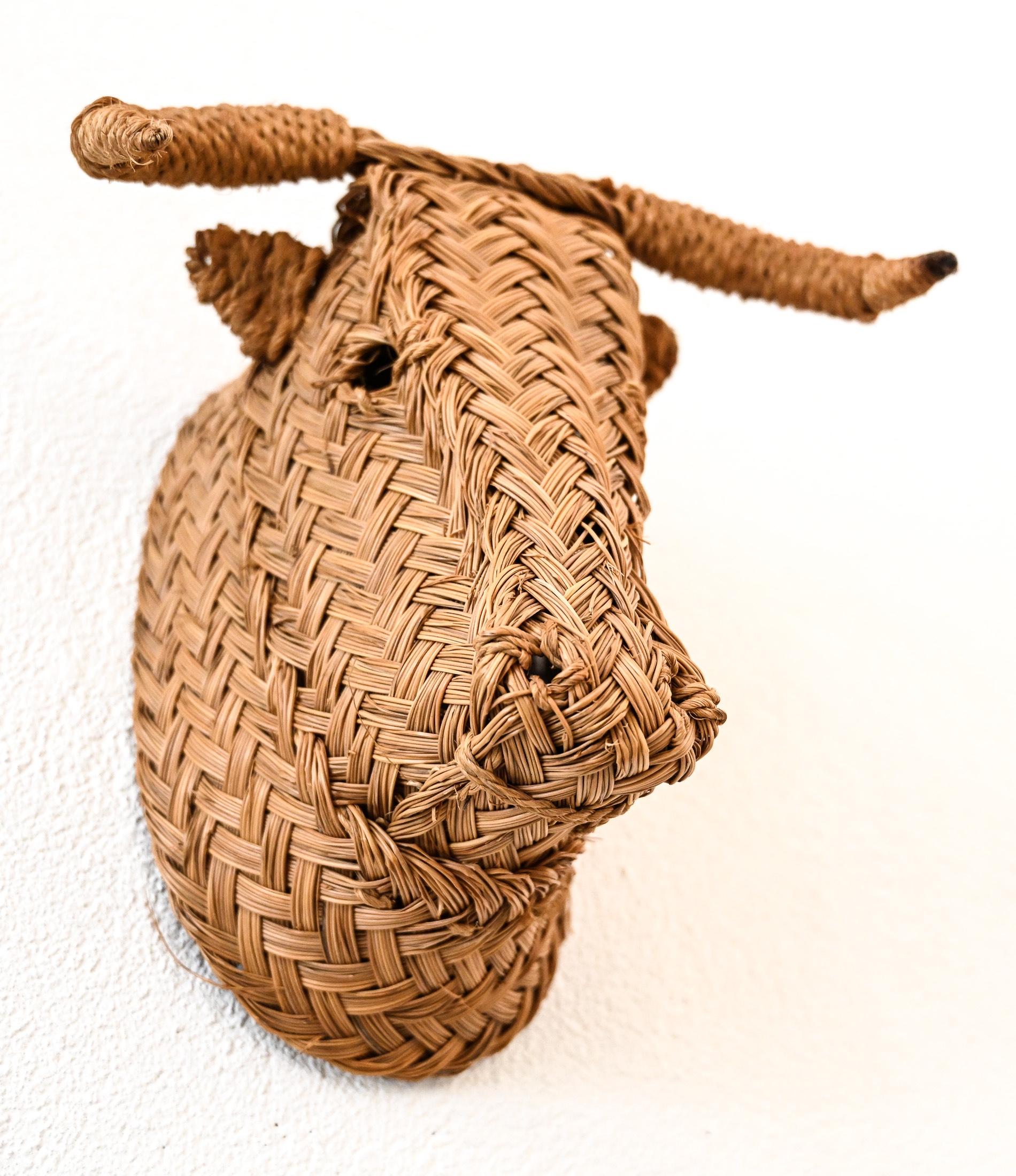 Midcentury Rattan Wall Sculpture of a Bulls Head 9