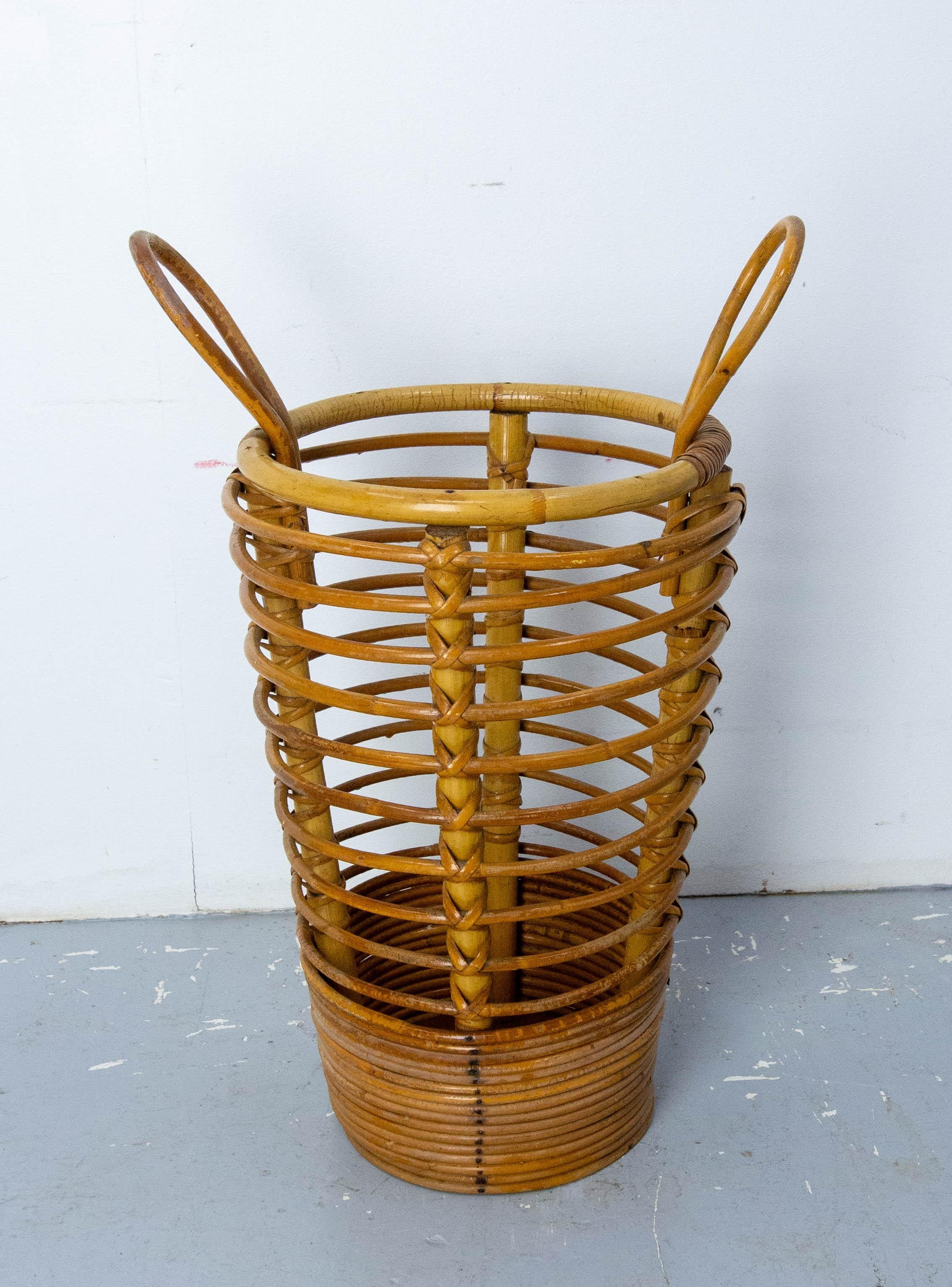 Mid-Century Modern Mid-Century Rattan Wastebasket or Umbrella Stand, France circa 1950 Audoux Minet For Sale