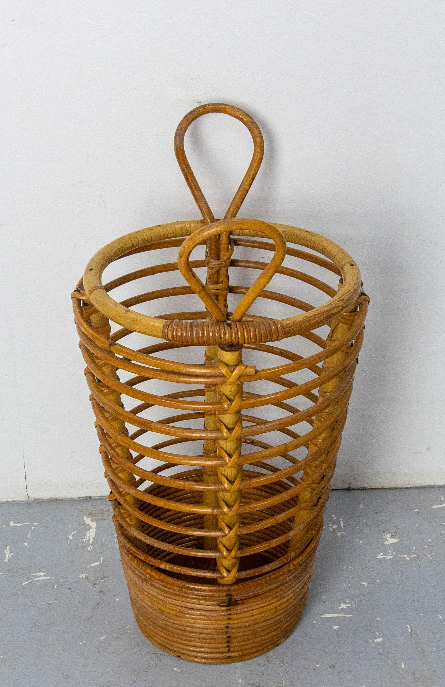 French Mid-Century Rattan Wastebasket or Umbrella Stand, France circa 1950 Audoux Minet For Sale