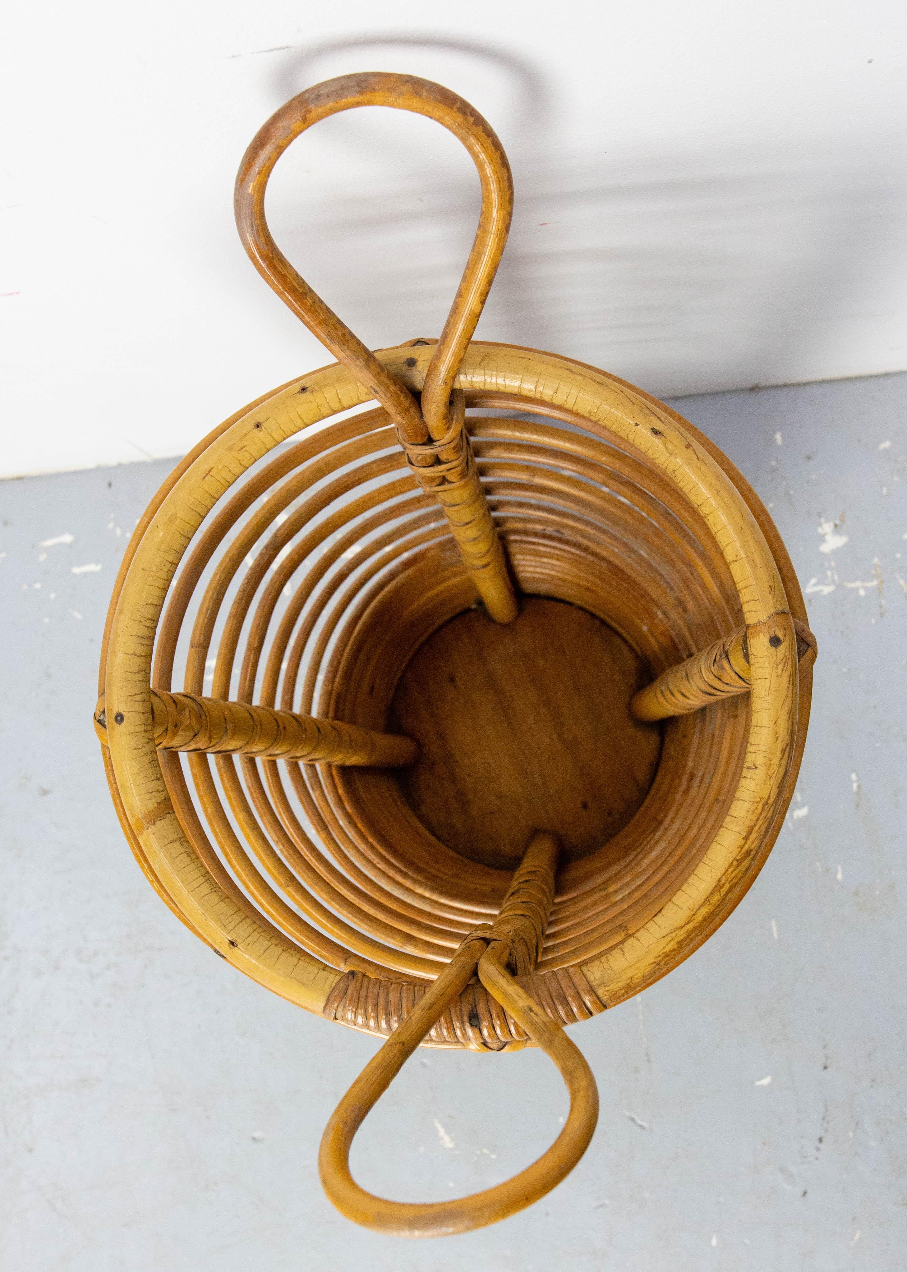 20th Century Mid-Century Rattan Wastebasket or Umbrella Stand, France circa 1950 Audoux Minet For Sale