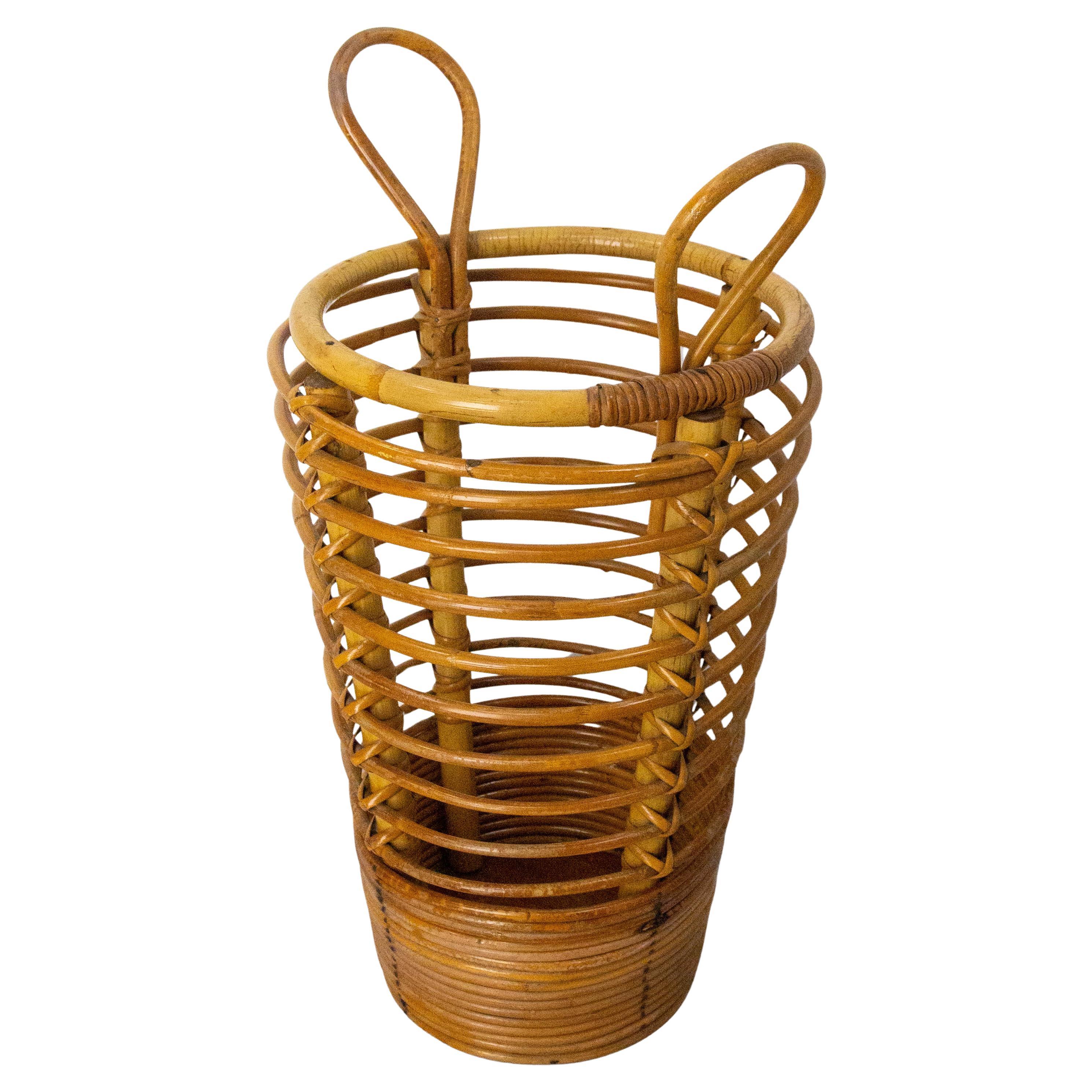 Mid-Century Rattan Wastebasket or Umbrella Stand, France circa 1950 Audoux Minet For Sale