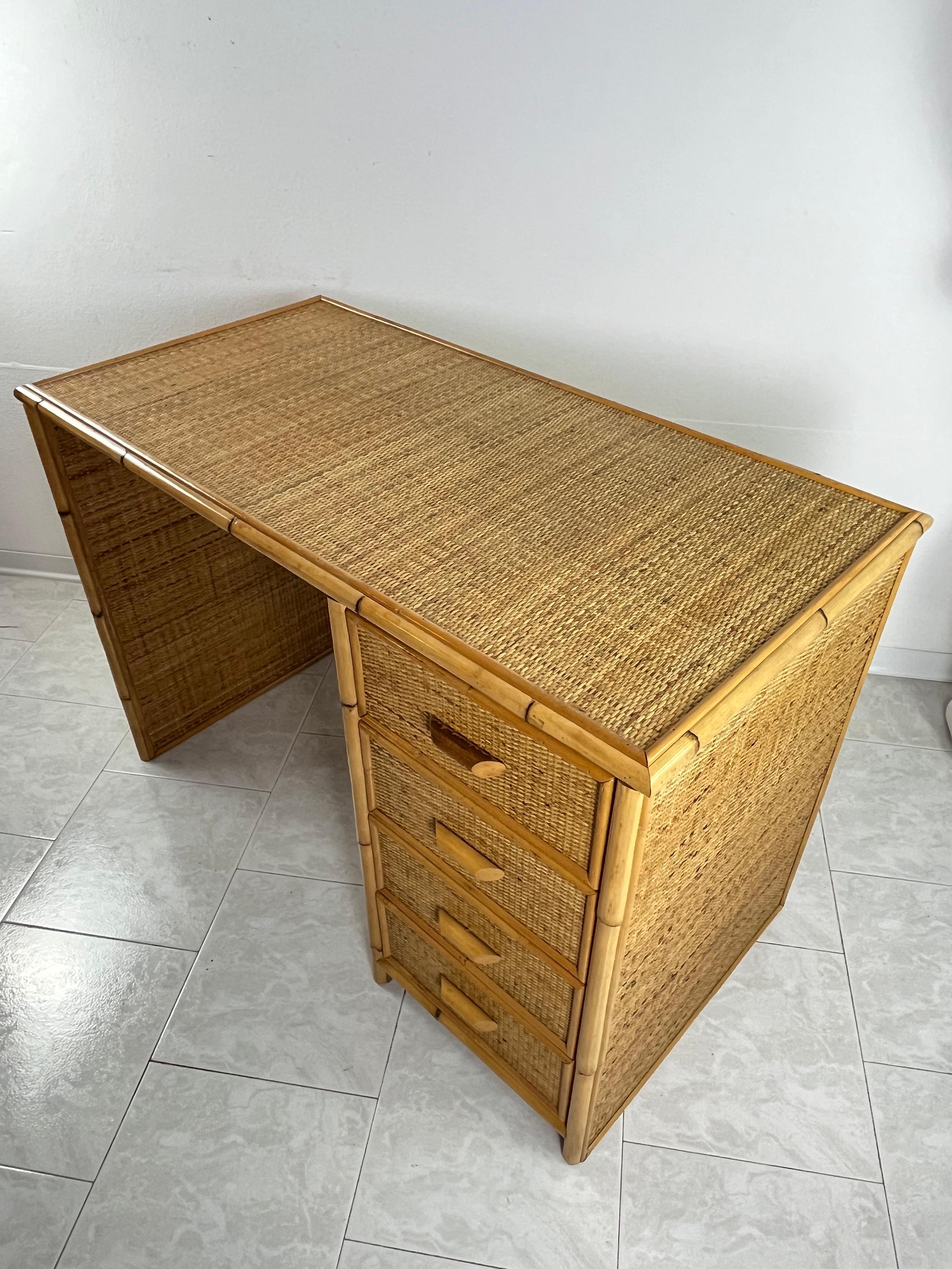 Italian Mid-Century Rattan Wicker And Bamboo Desk Attributed To Dal Vera 1960s For Sale