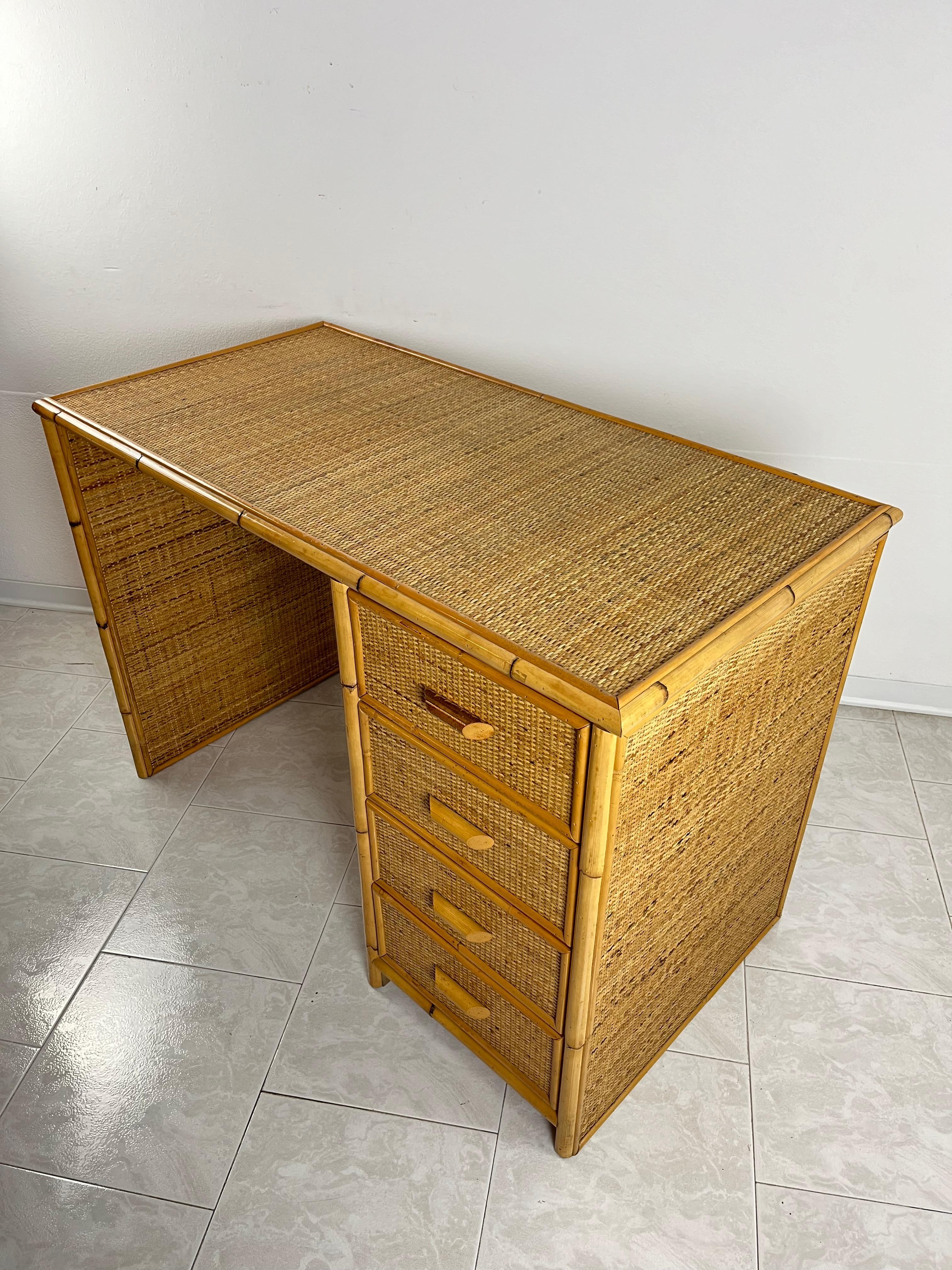 Mid-20th Century Mid-Century Rattan Wicker And Bamboo Desk Attributed To Dal Vera 1960s For Sale