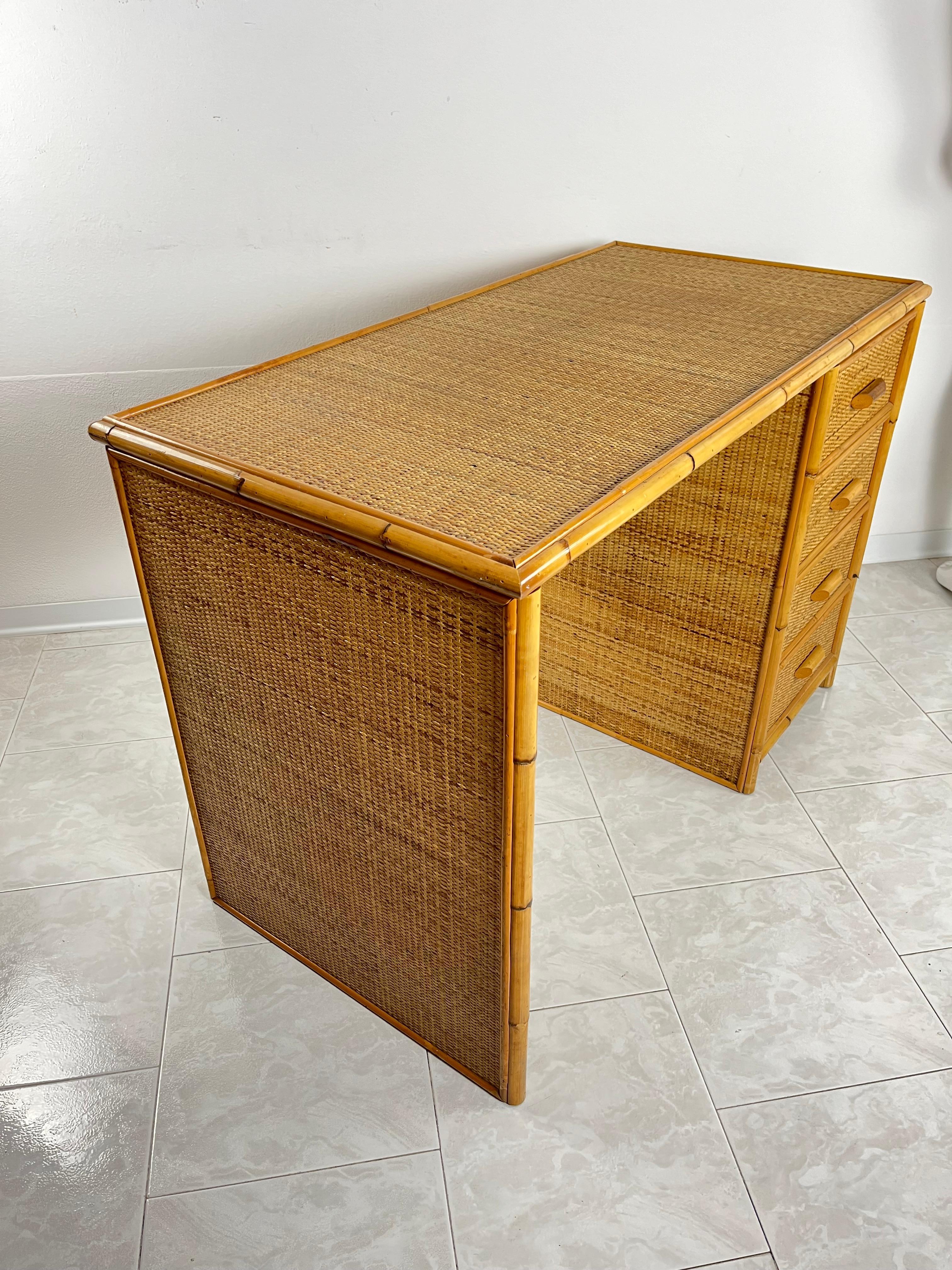 Mid-Century Rattan Wicker And Bamboo Desk Attributed To Dal Vera 1960s For Sale 1