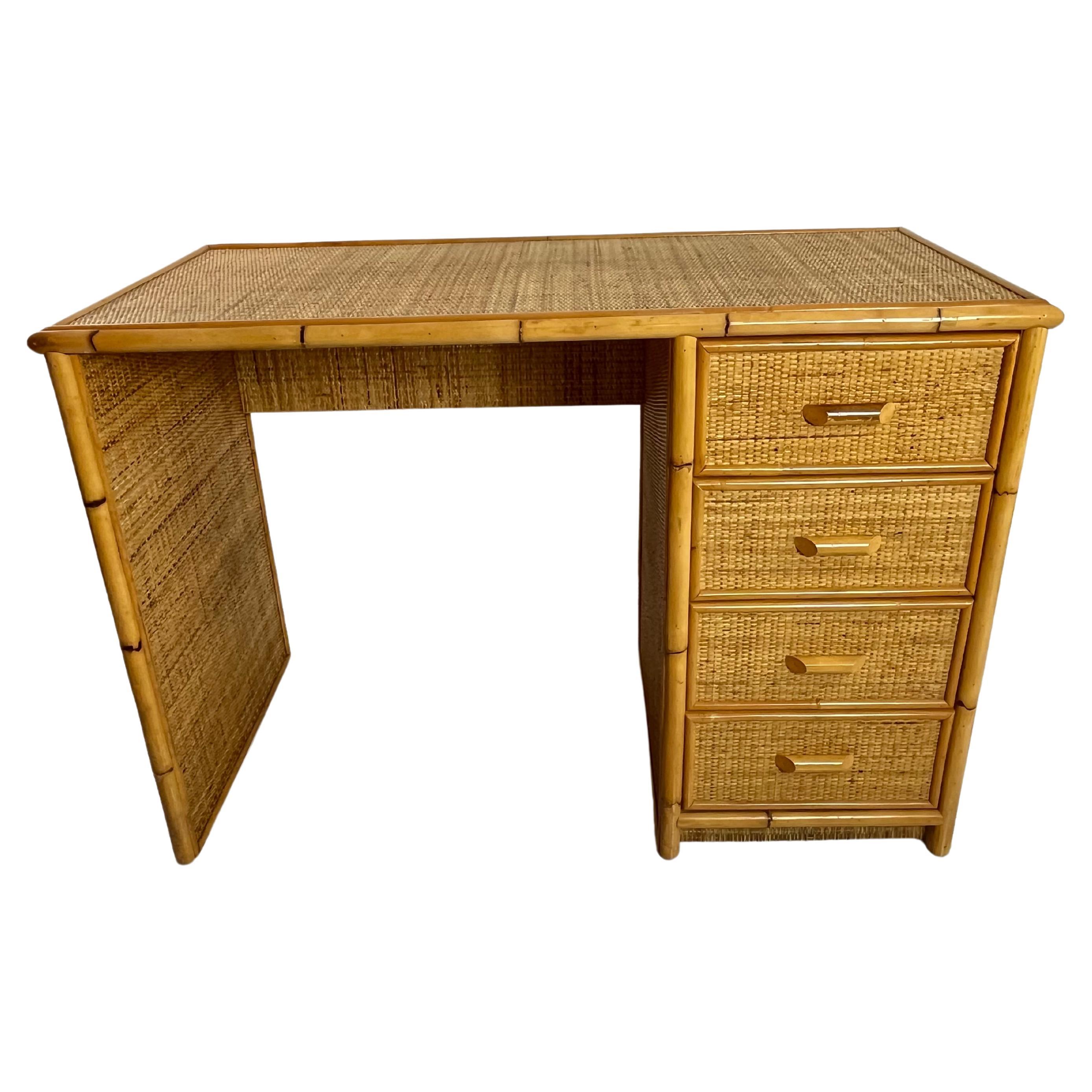 Mid-Century Rattan Wicker And Bamboo Desk Attributed To Dal Vera 1960s For Sale