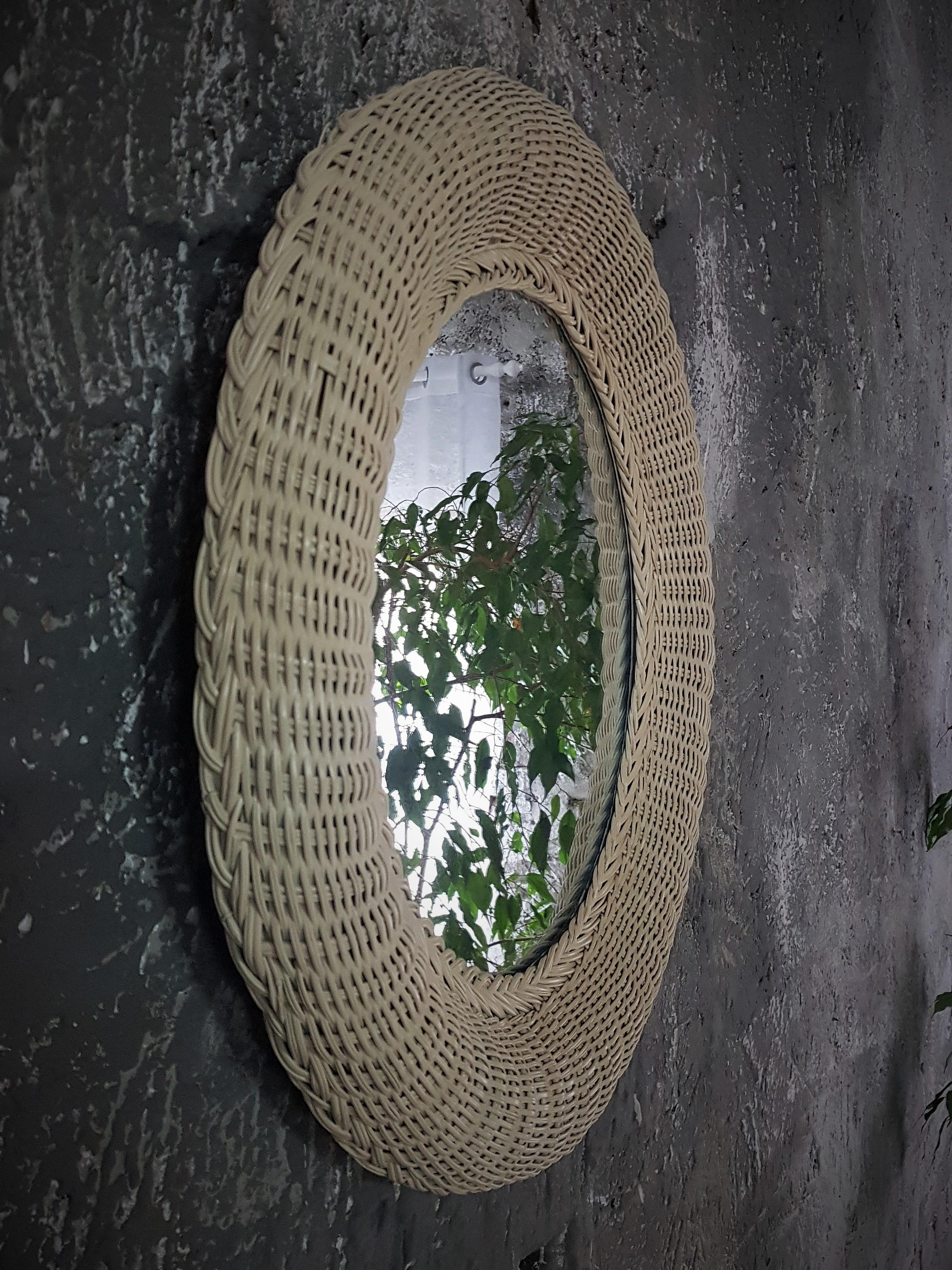 Mid-Century Rattan Wicker Bamboo Wall Mirror, Italy 1960s For Sale 1