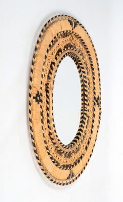 Mid Century Rattan Wicker Emmanuelle Peacock Oval Wall Mirror Spain, C.1970