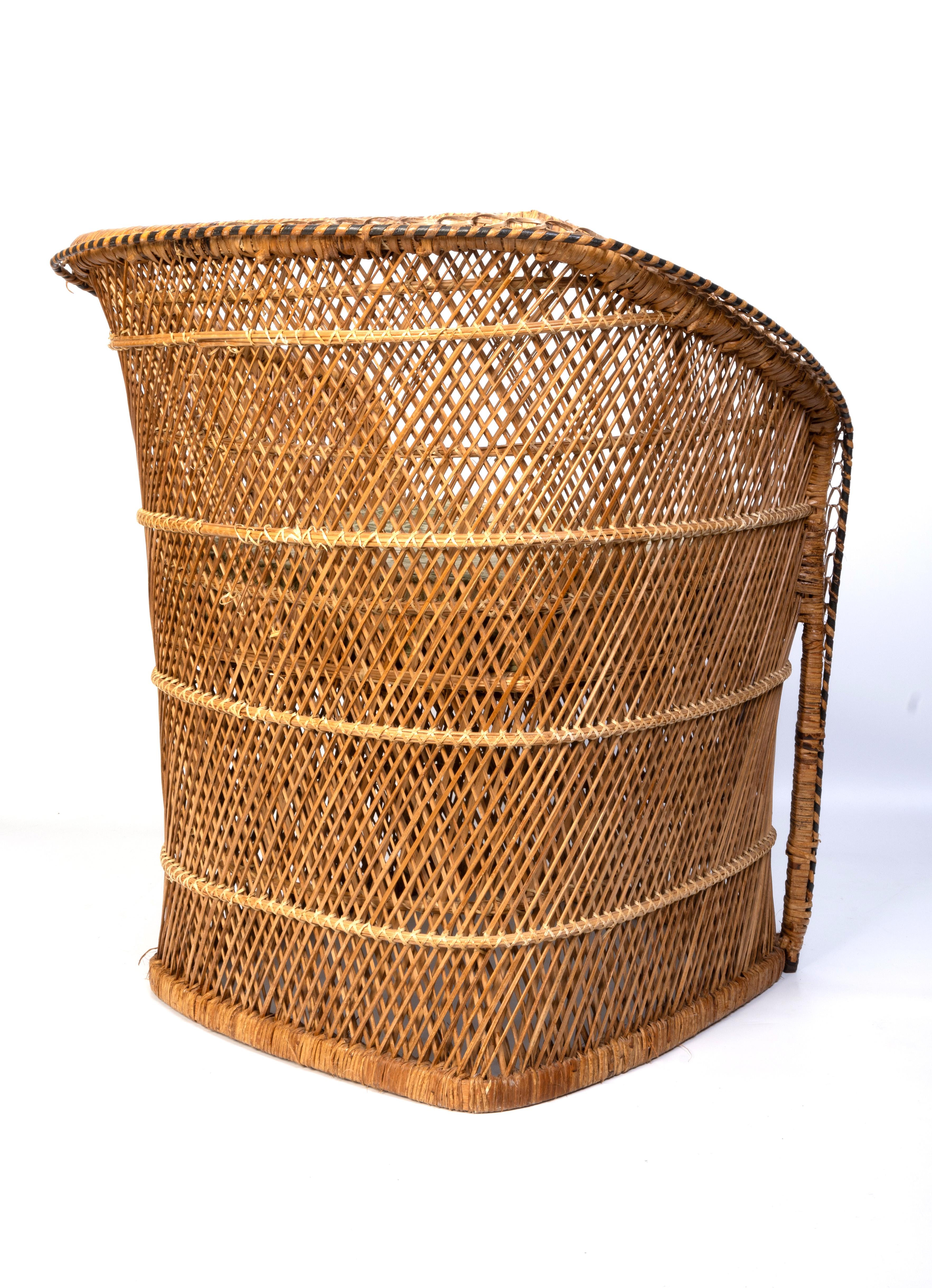 Woven Mid Century Rattan Wicker Tub Chair, C.1960, Italy For Sale