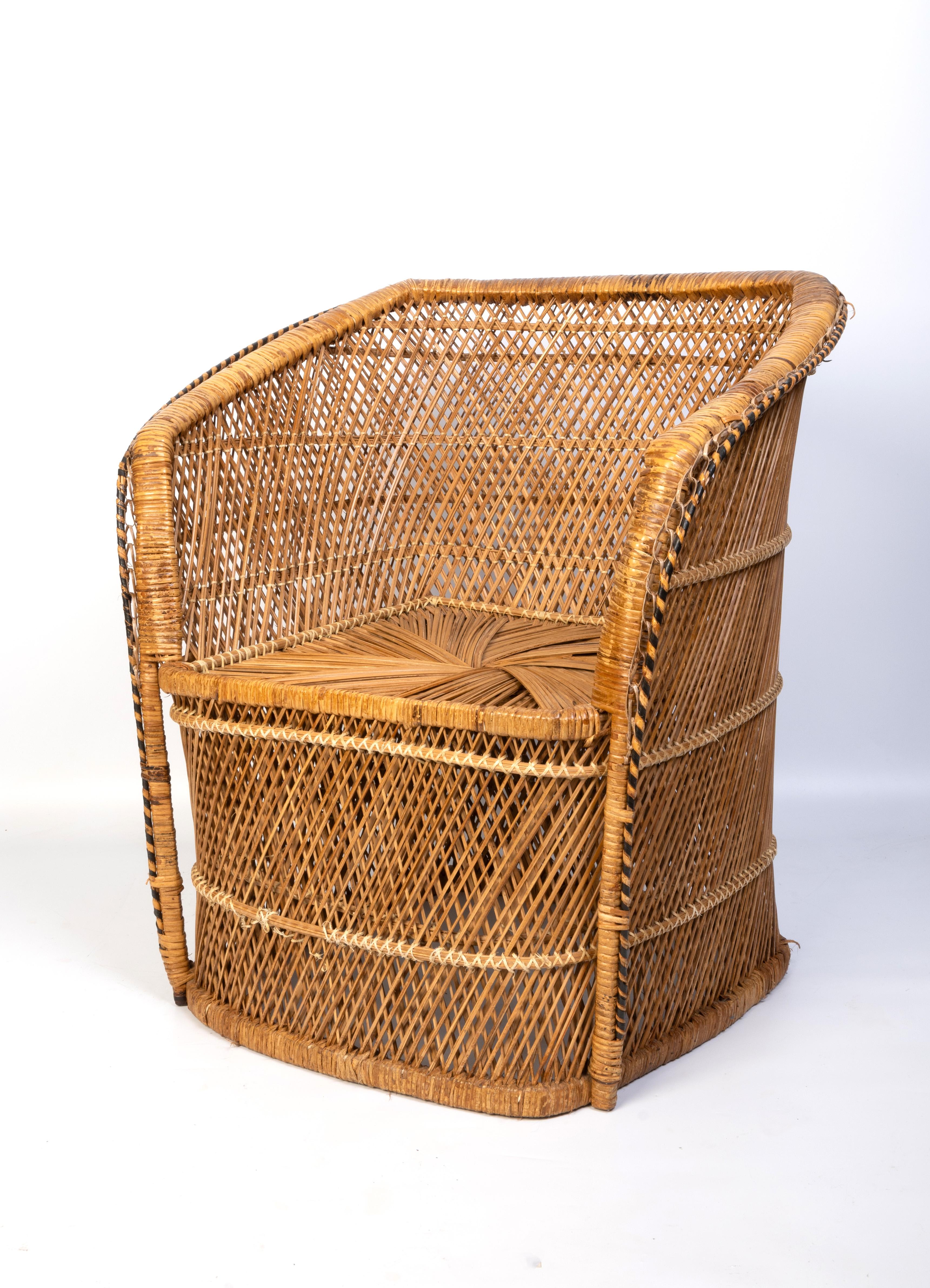 20th Century Mid Century Rattan Wicker Tub Chair, C.1960, Italy For Sale