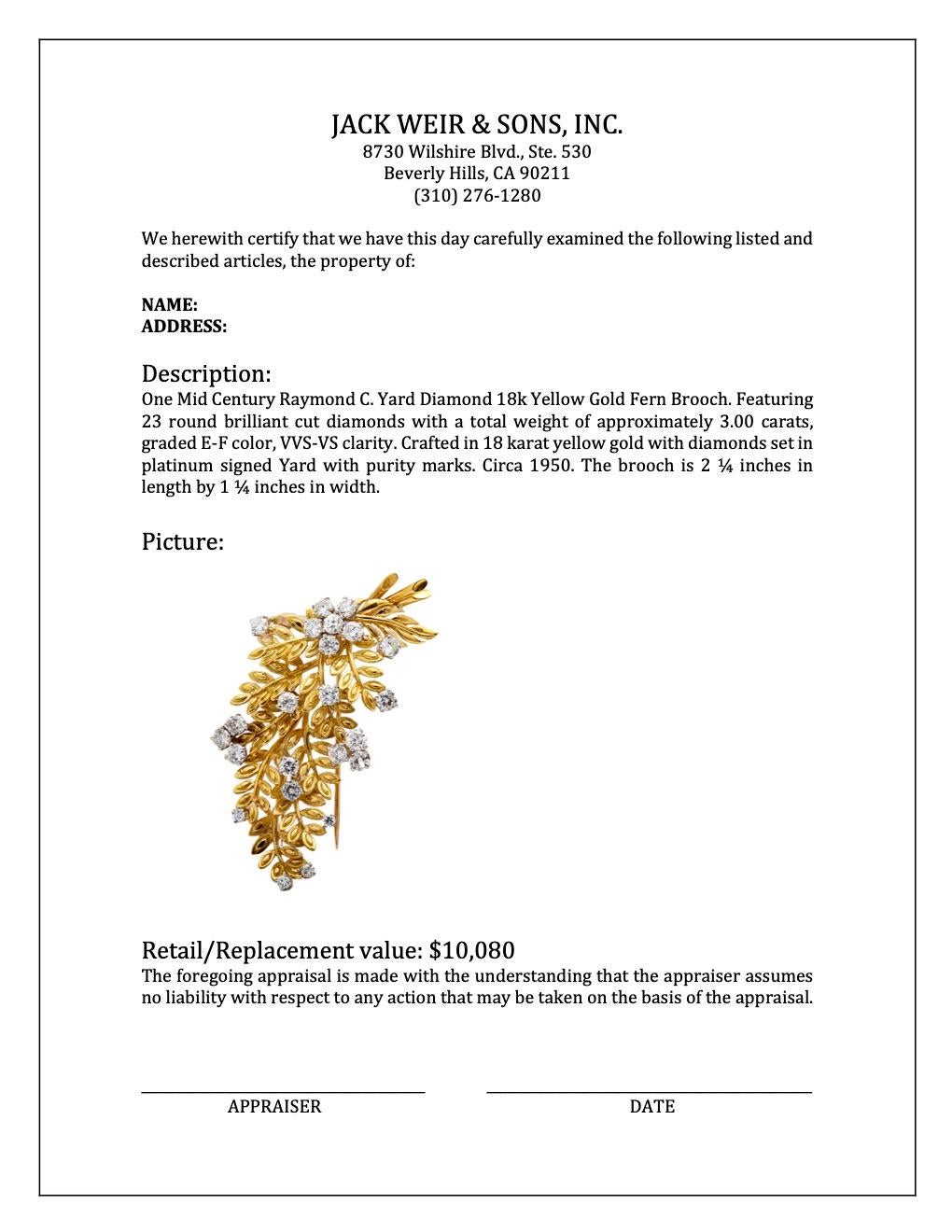 Women's or Men's Mid Century Raymond C. Yard Diamond 18k Yellow Gold Fern Brooch