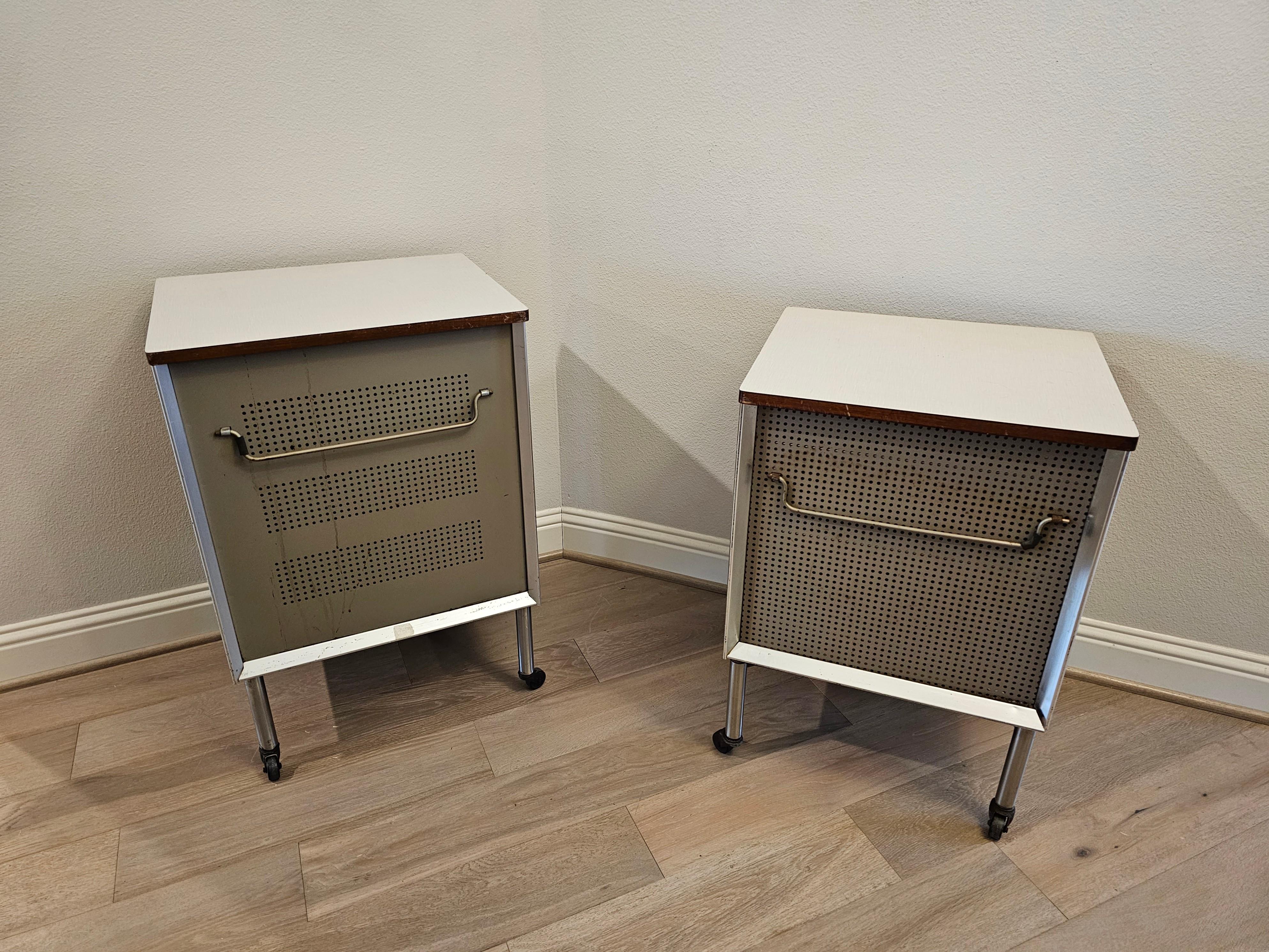 Midcentury Raymond Loewy for Hill Rom Industrial Rolling Cabinet End Table Pair For Sale 6
