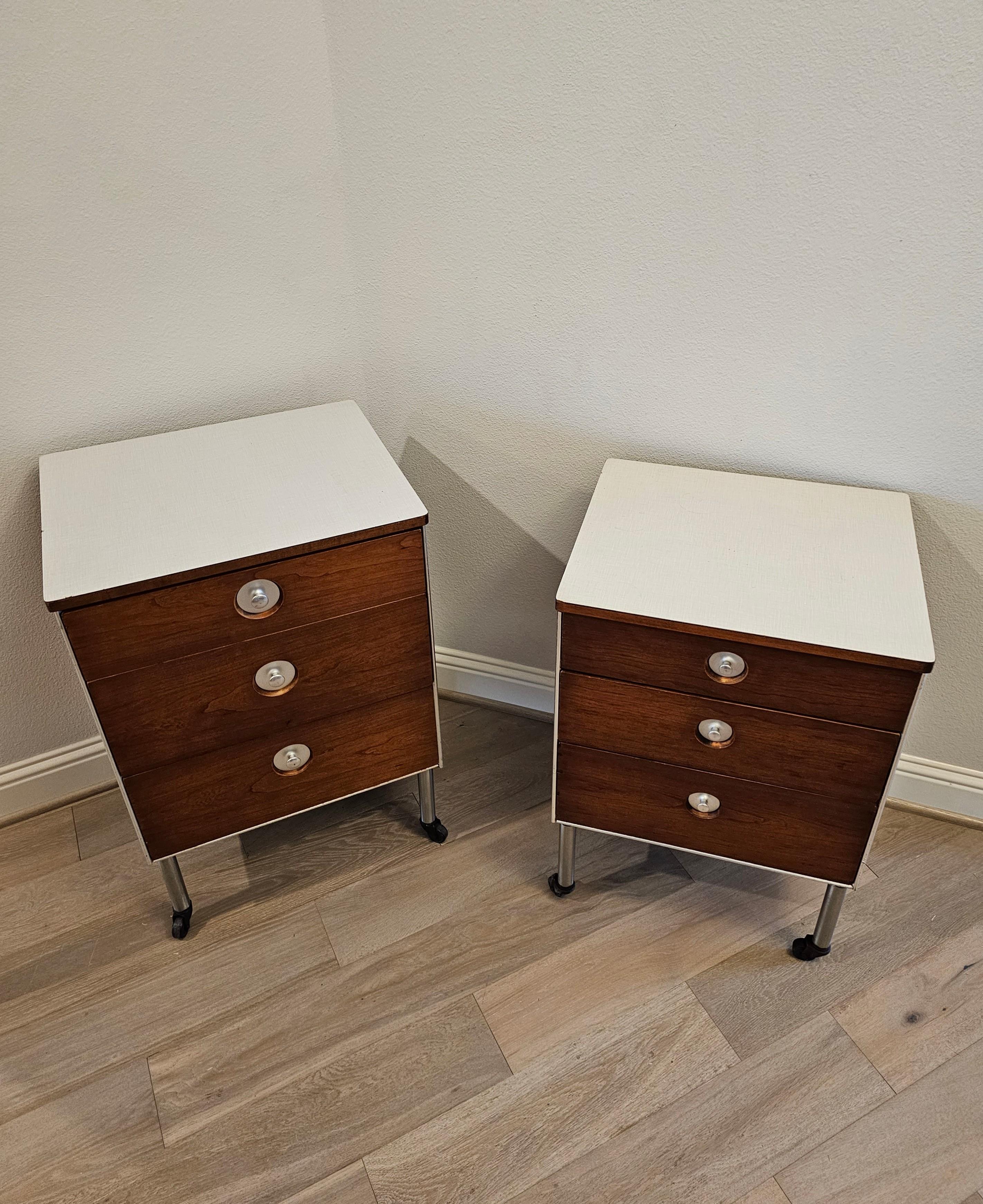Midcentury Raymond Loewy for Hill Rom Industrial Rolling Cabinet End Table Pair For Sale 7