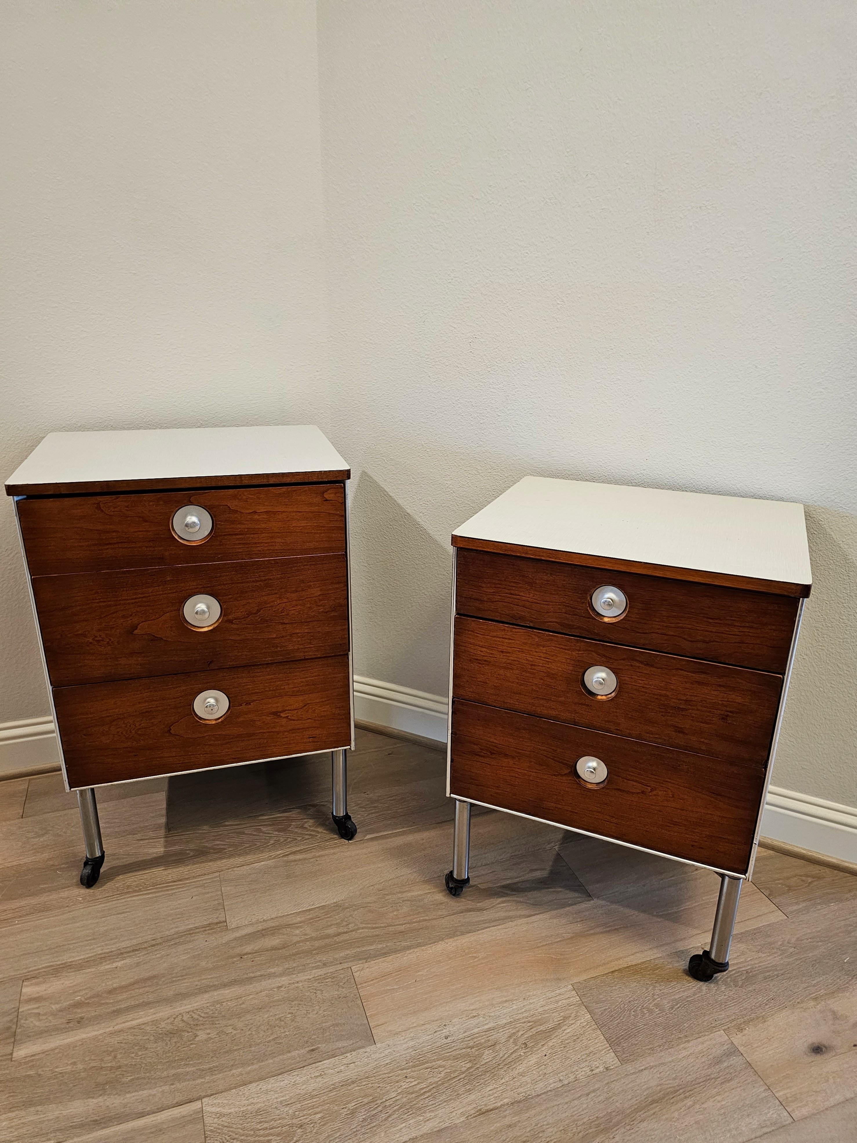Midcentury Raymond Loewy for Hill Rom Industrial Rolling Cabinet End Table Pair For Sale 8