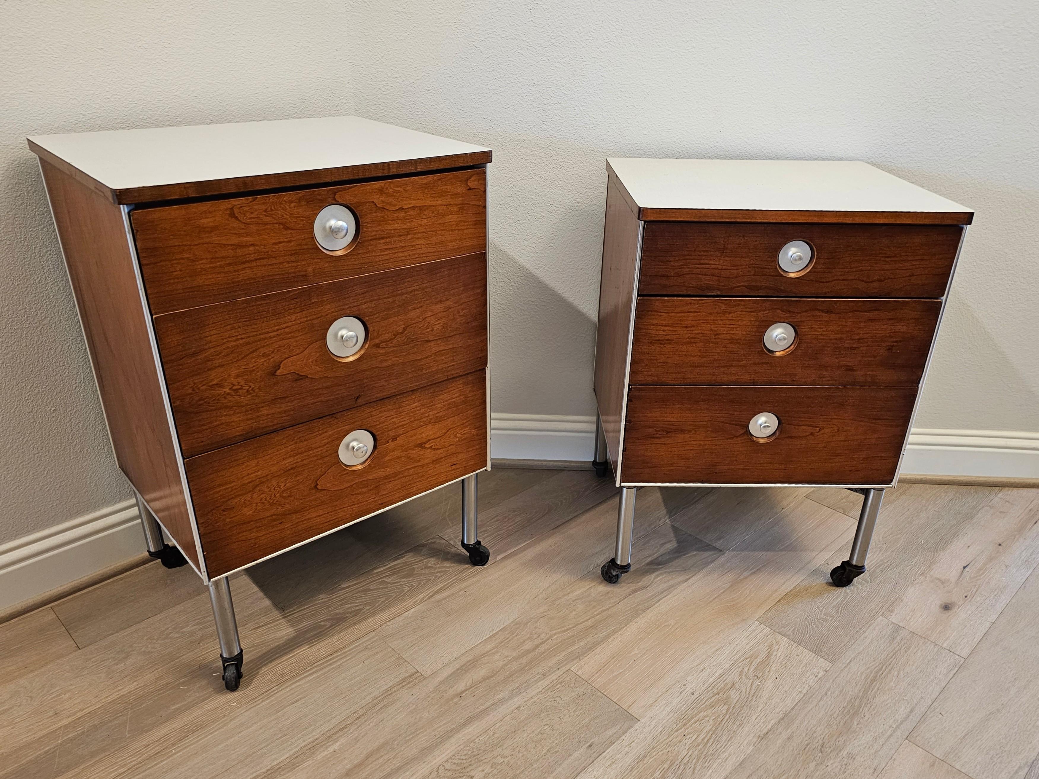 Midcentury Raymond Loewy for Hill Rom Industrial Rolling Cabinet End Table Pair For Sale 9