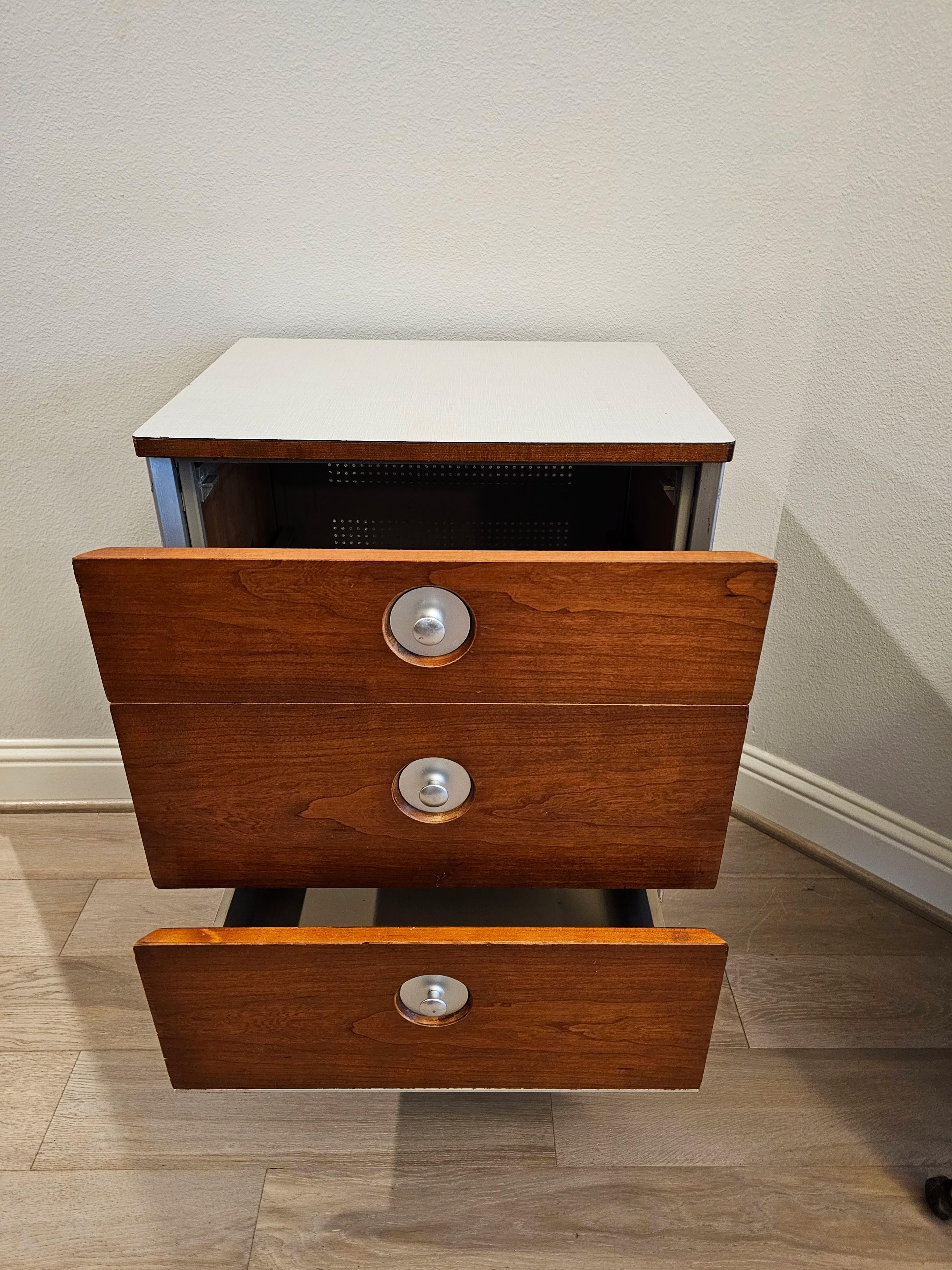 Midcentury Raymond Loewy for Hill Rom Industrial Rolling Cabinet End Table Pair In Fair Condition For Sale In Forney, TX
