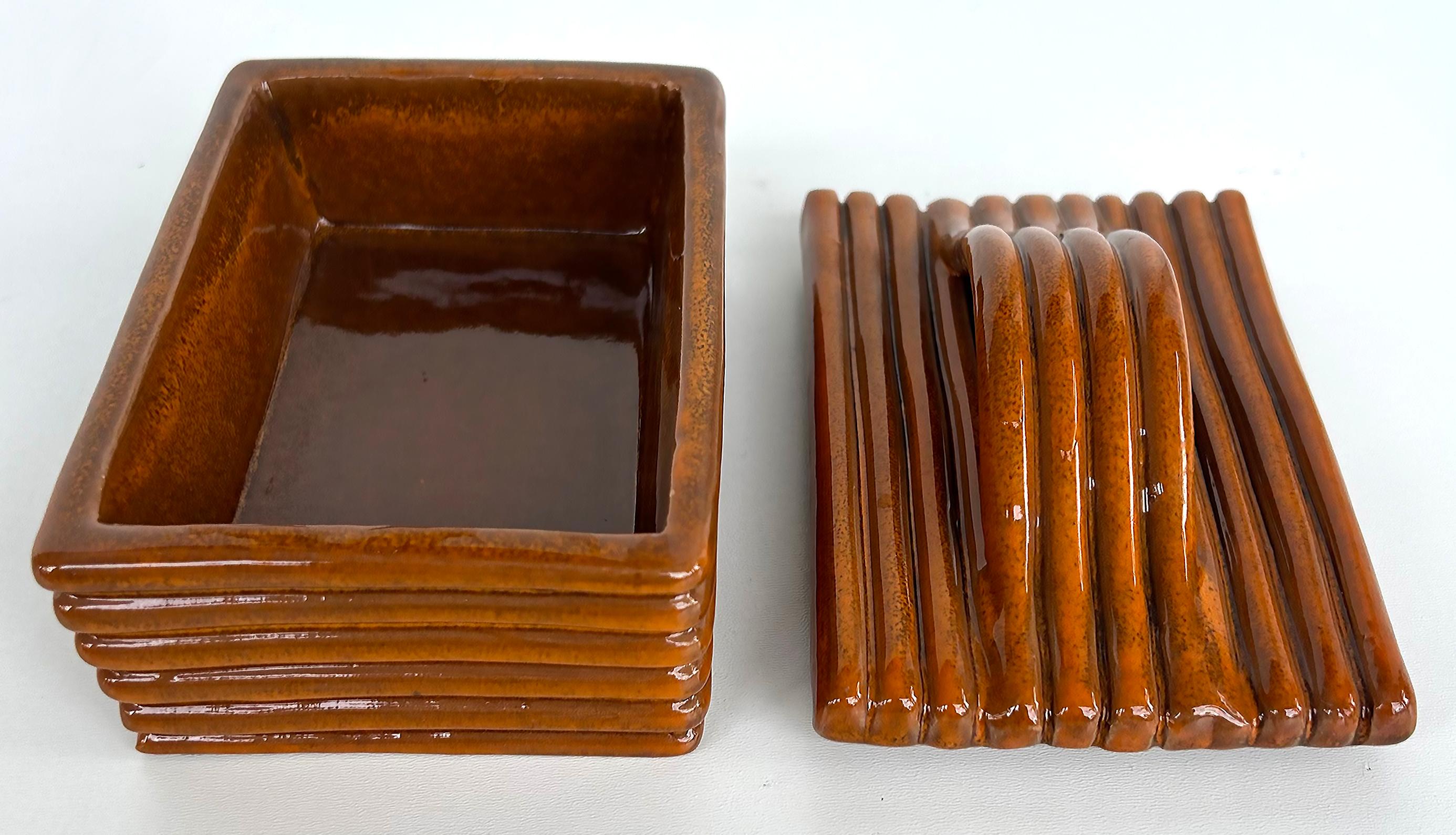 Mid-Century Modern Mid-century Raymor Glazed Ceramic Smoking Set Italy, Box, Lighter and Ashtray For Sale