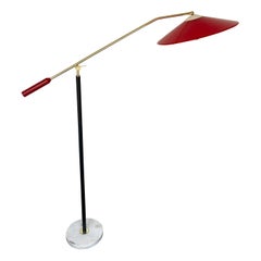 Mid-Century Reading Floor Lamp Brass Red Perspex by Stilux Milano, Italy, 1950s