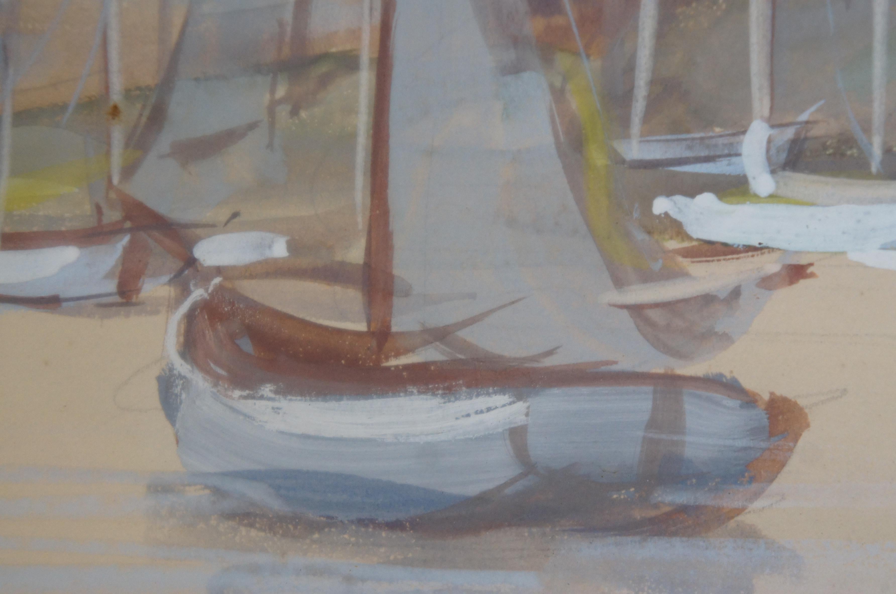 Mid Century Realist Signed Watercolor Painting Sailboats Harbour Marina Nautical For Sale 7