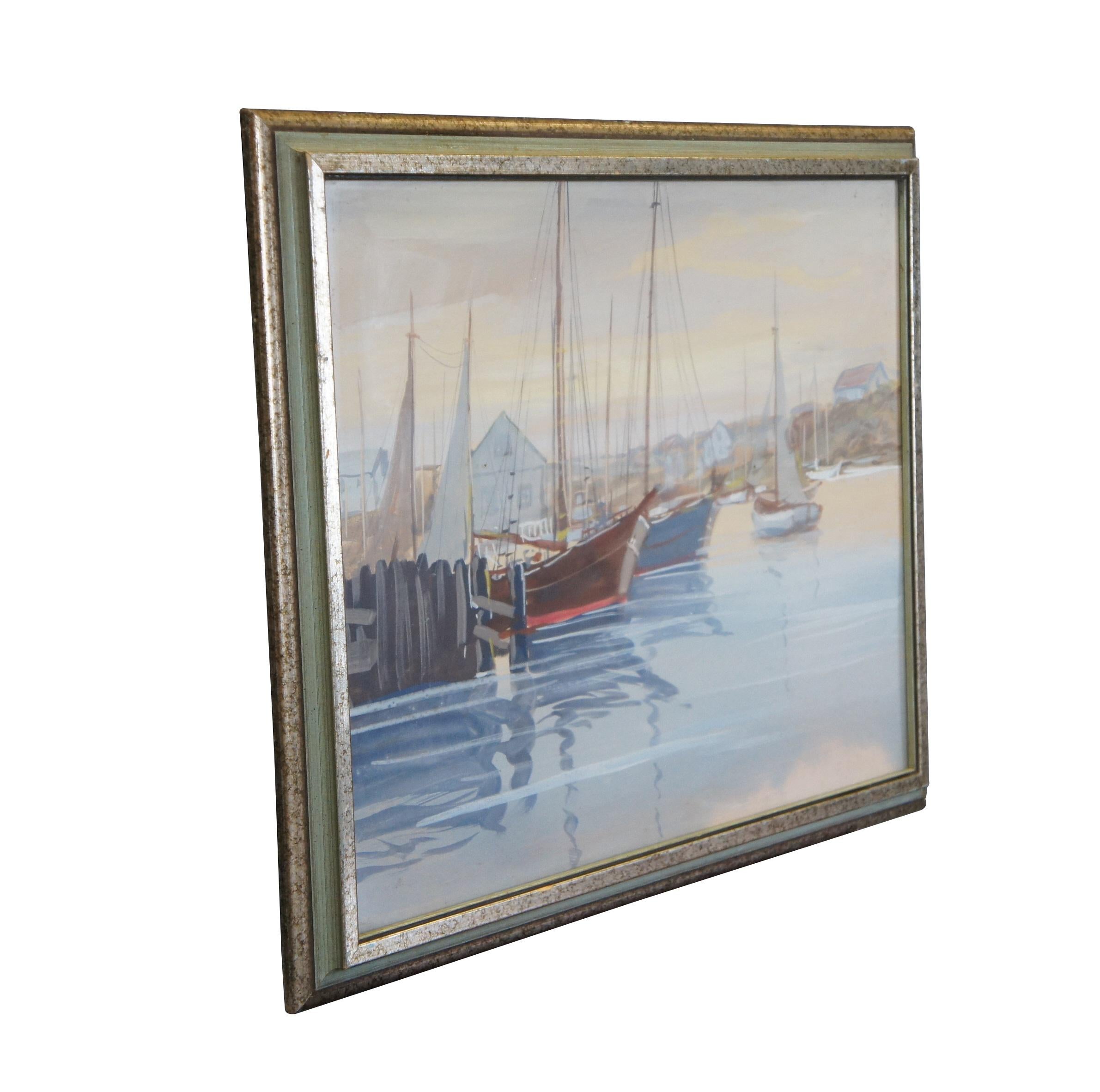 Vintage watercolor on paper nautical painting depicting a marina / harbour filled with boats. Faint signature in lower right corner - possibly F. Evans. Speckled giltwood frame with green painted bevel; no mat. Framed in 1976.

Dimensions:
26.5