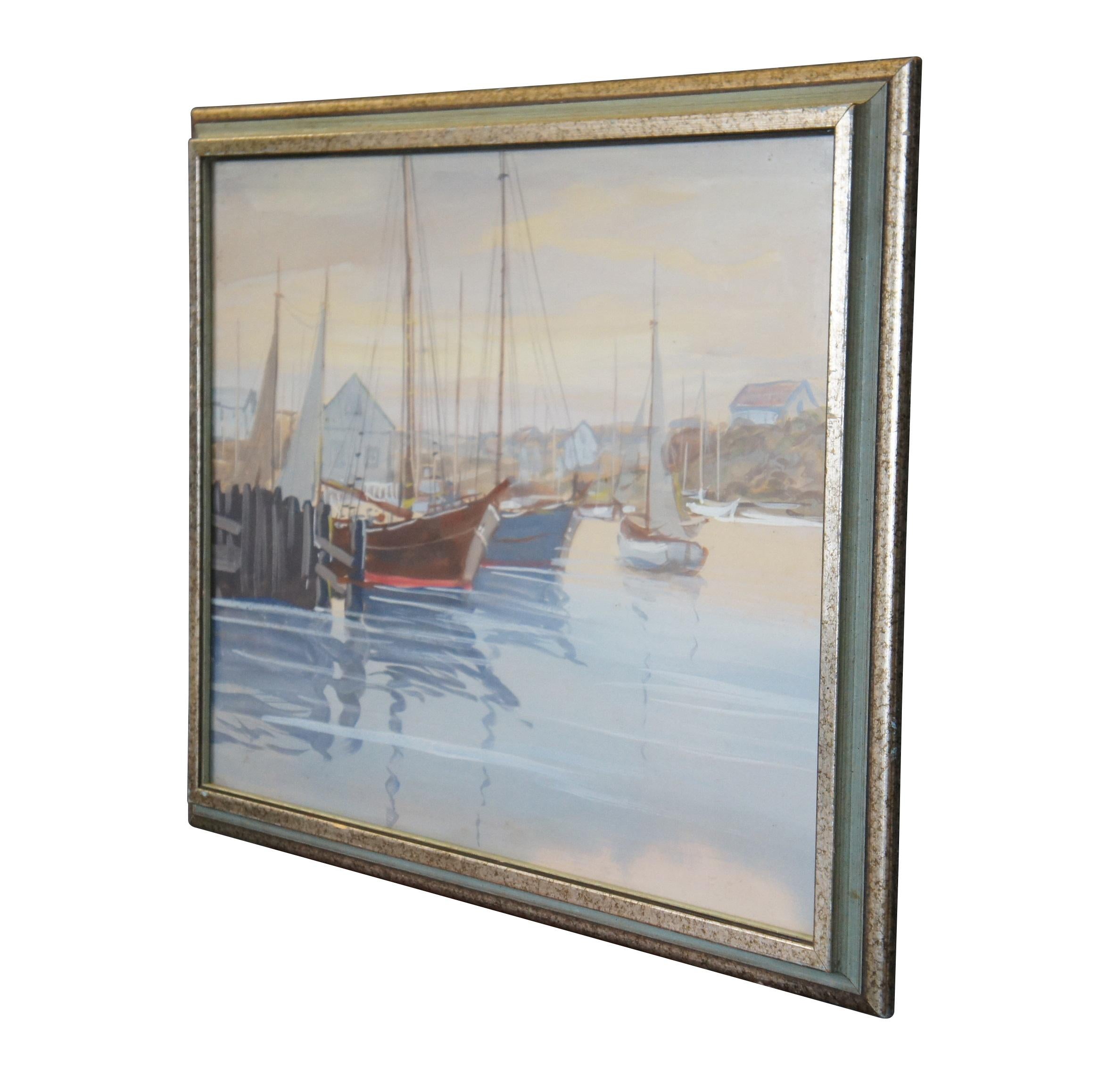 Mid Century Realist Signed Watercolor Painting Sailboats Harbour Marina Nautical In Good Condition For Sale In Dayton, OH