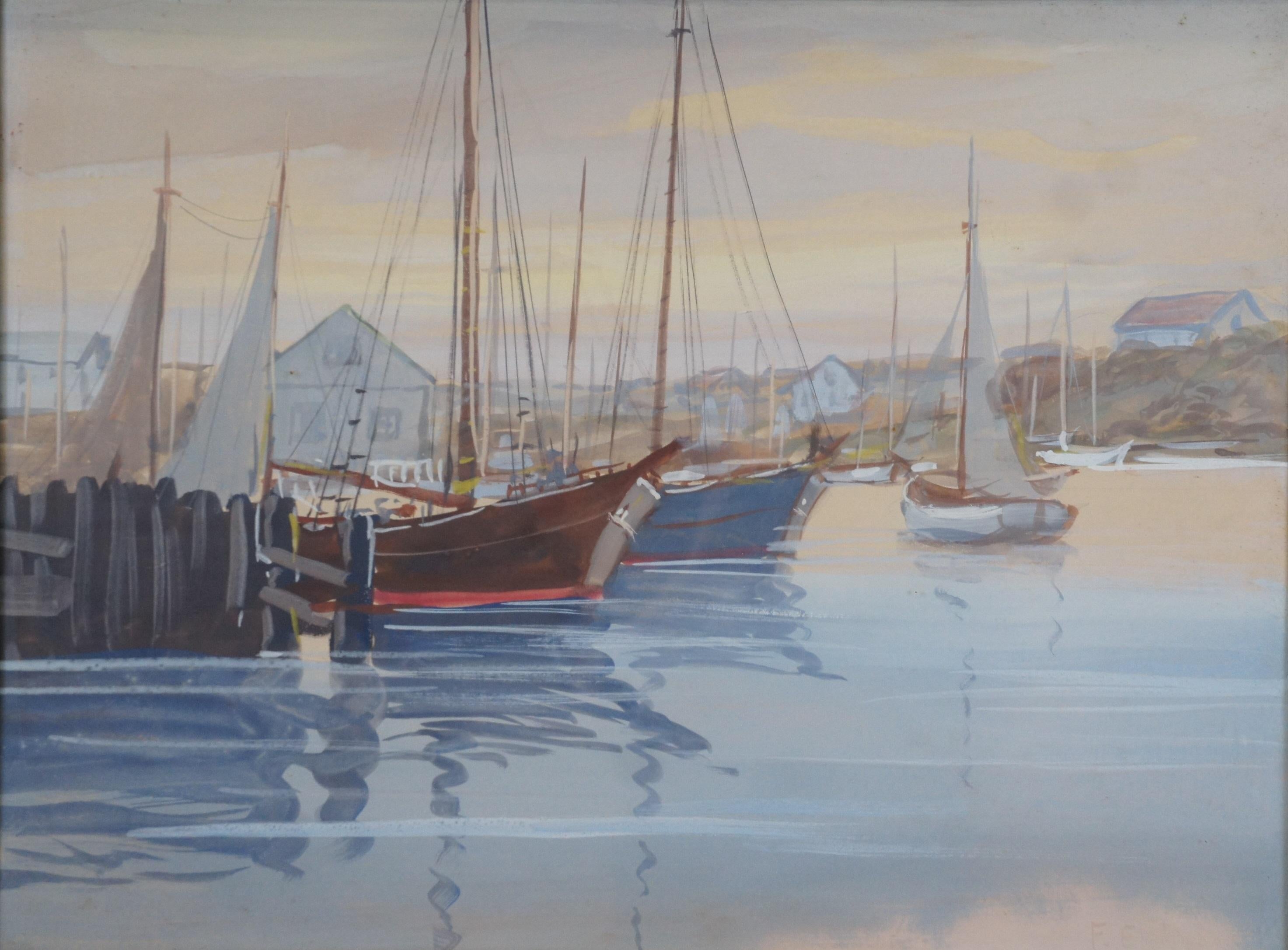Mid Century Realist Signed Watercolor Painting Sailboats Harbour Marina Nautical For Sale 3