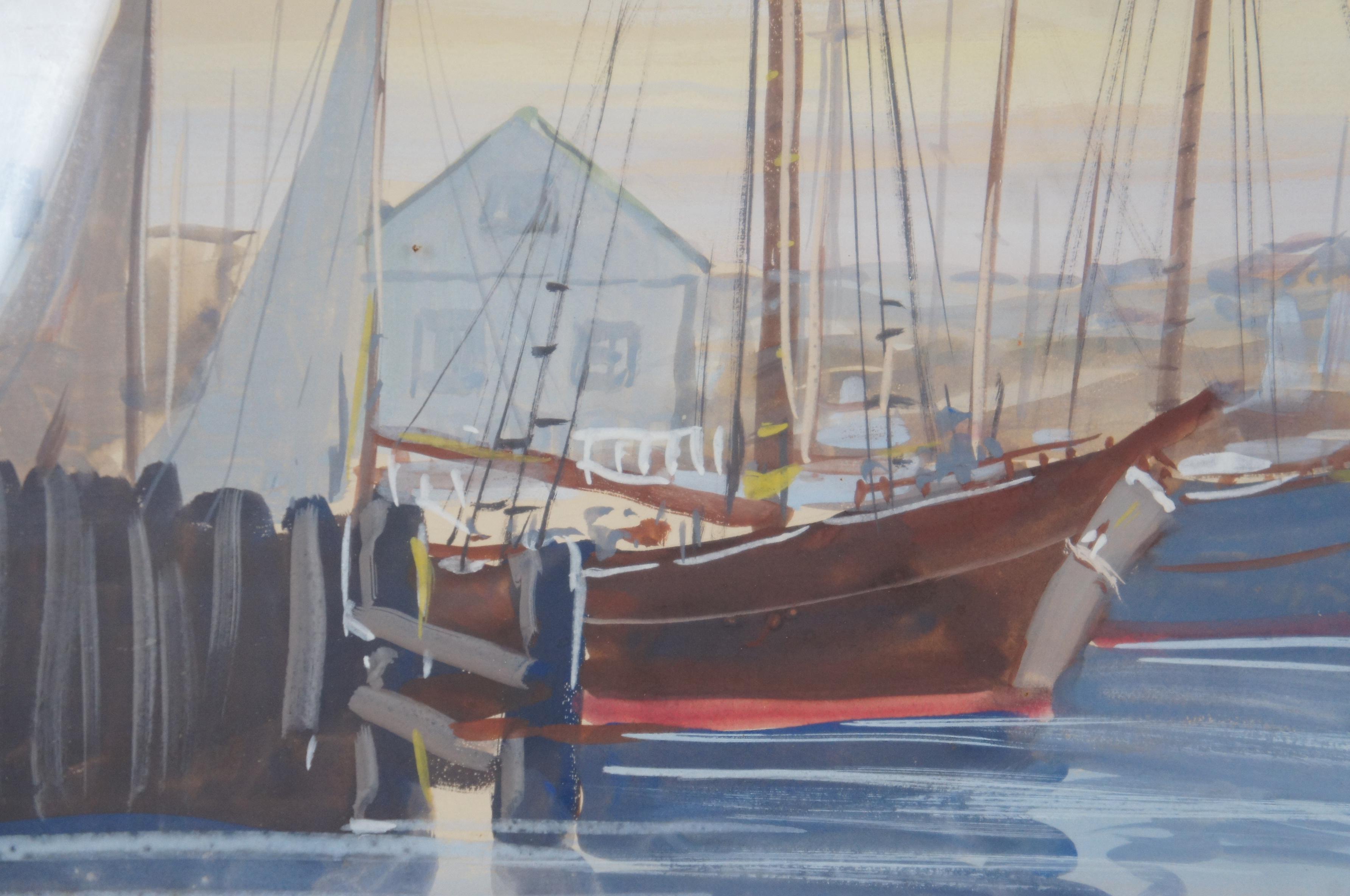 Mid Century Realist Signed Watercolor Painting Sailboats Harbour Marina Nautical For Sale 5