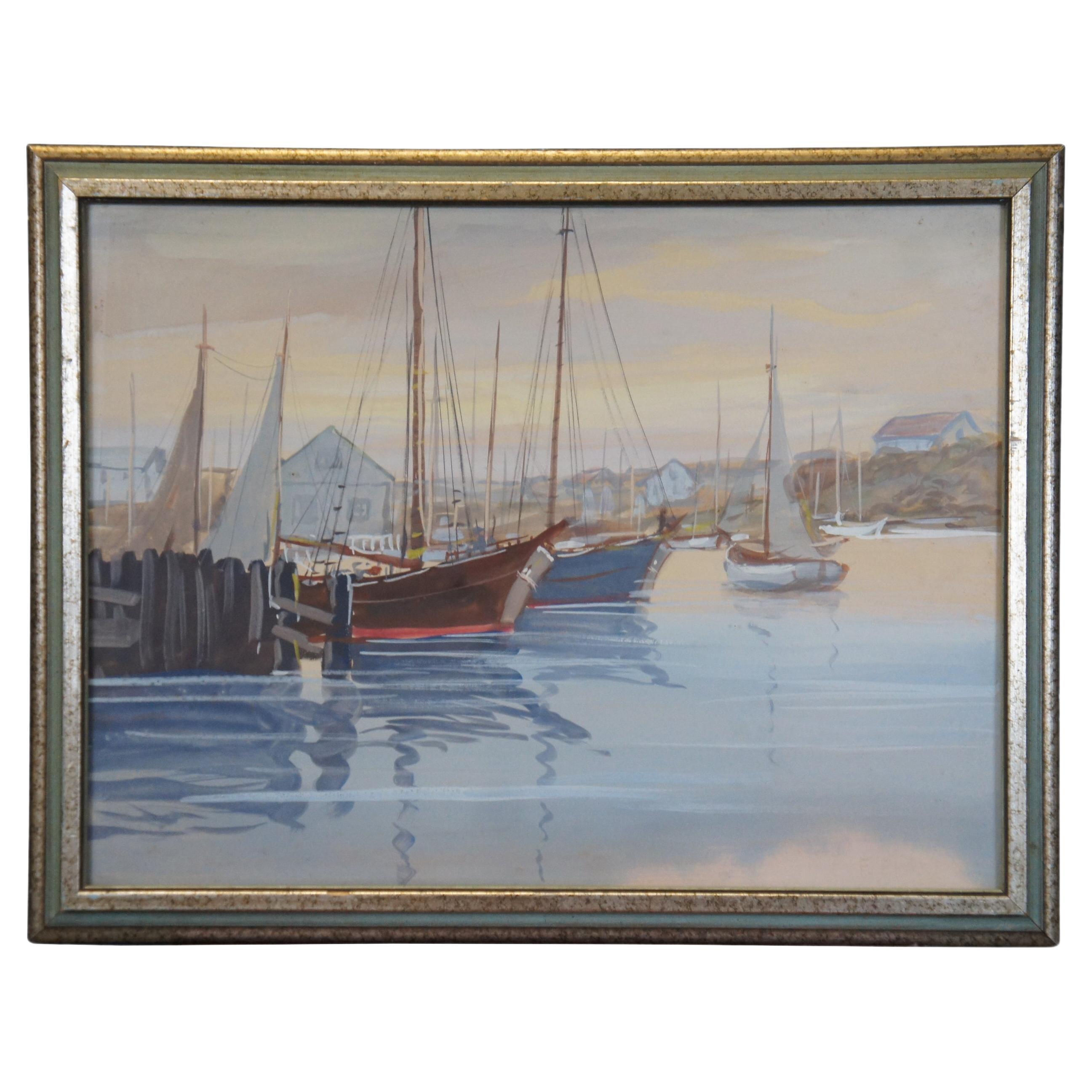 Mid Century Realist Signed Watercolor Painting Sailboats Harbour Marina Nautical