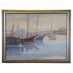 Mid Century Realist Signed Watercolor Painting Sailboats Harbour Marina Nautical