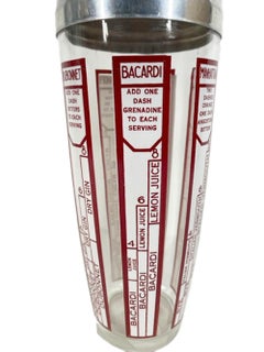 Mid-Century Recipe Cocktail Shaker in Red and White Enamel on Clear Glass