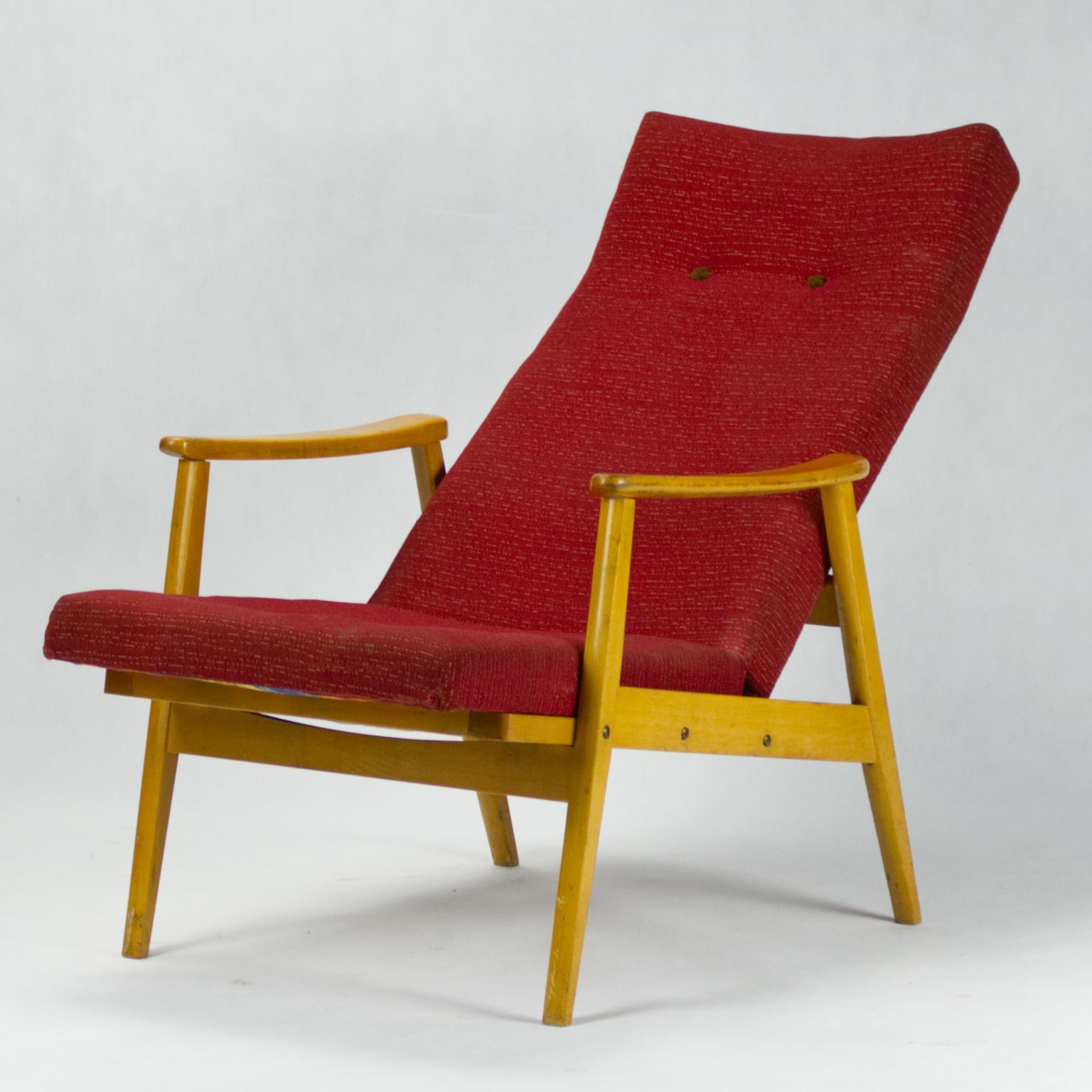 Czechoslovakian armchair by TON with high reclining backrest in original condition.