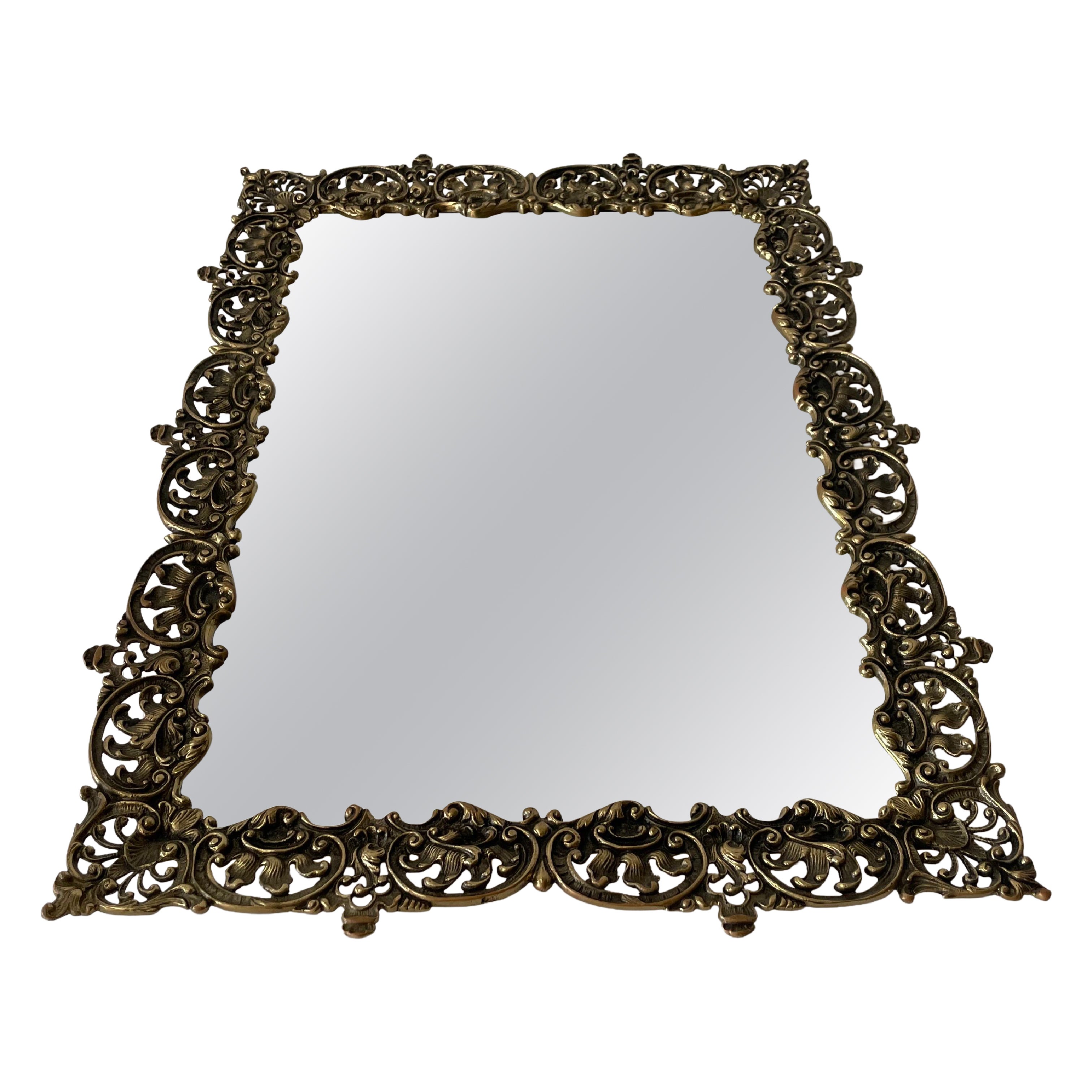 Mid-century Rectangle Floral Design Brass Frame Mirror, 1950s, Germany For Sale