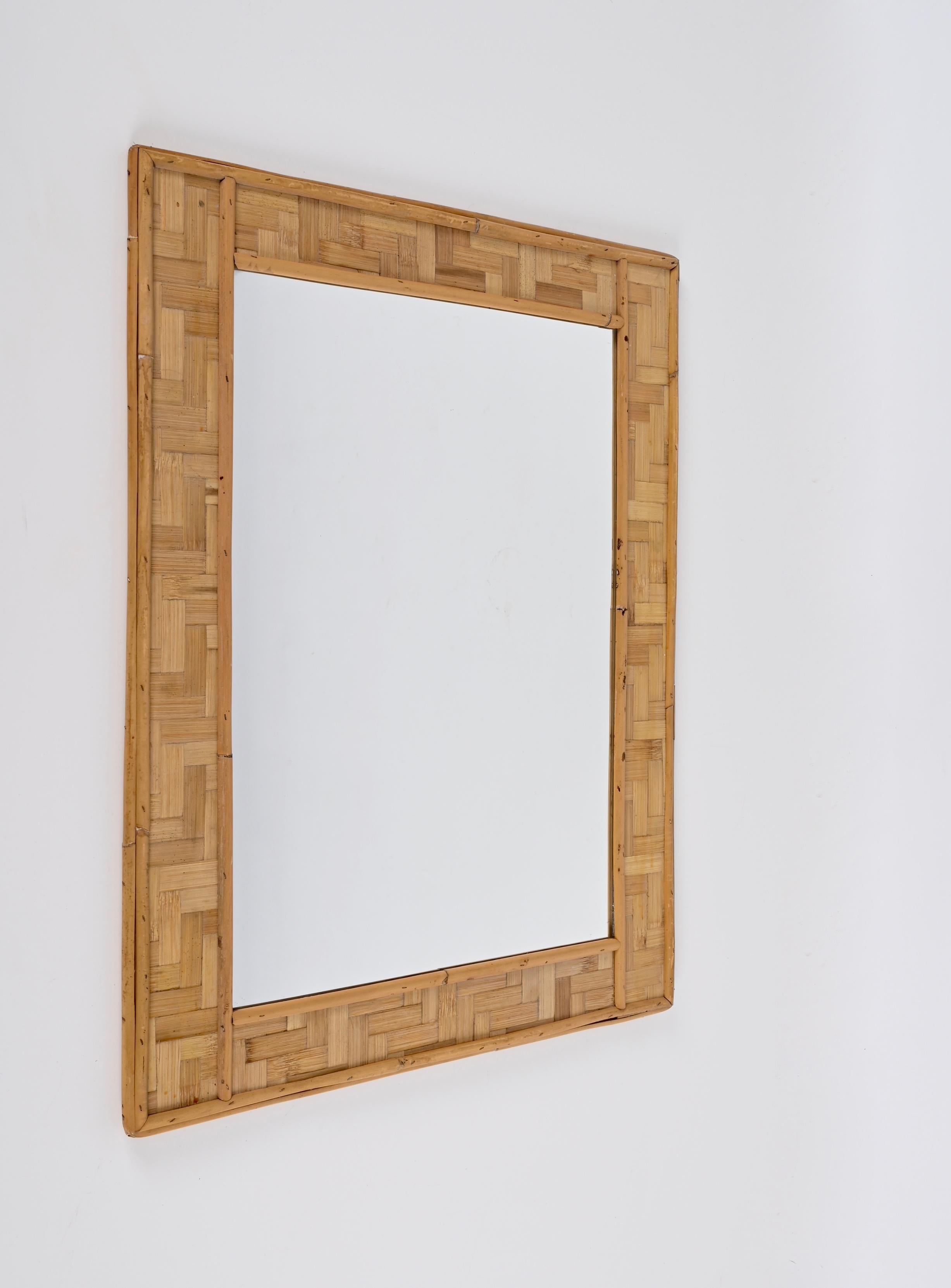 Midcentury Rectangular Bamboo and Woven Rattan Frame Italian Mirror, 1960s For Sale 6