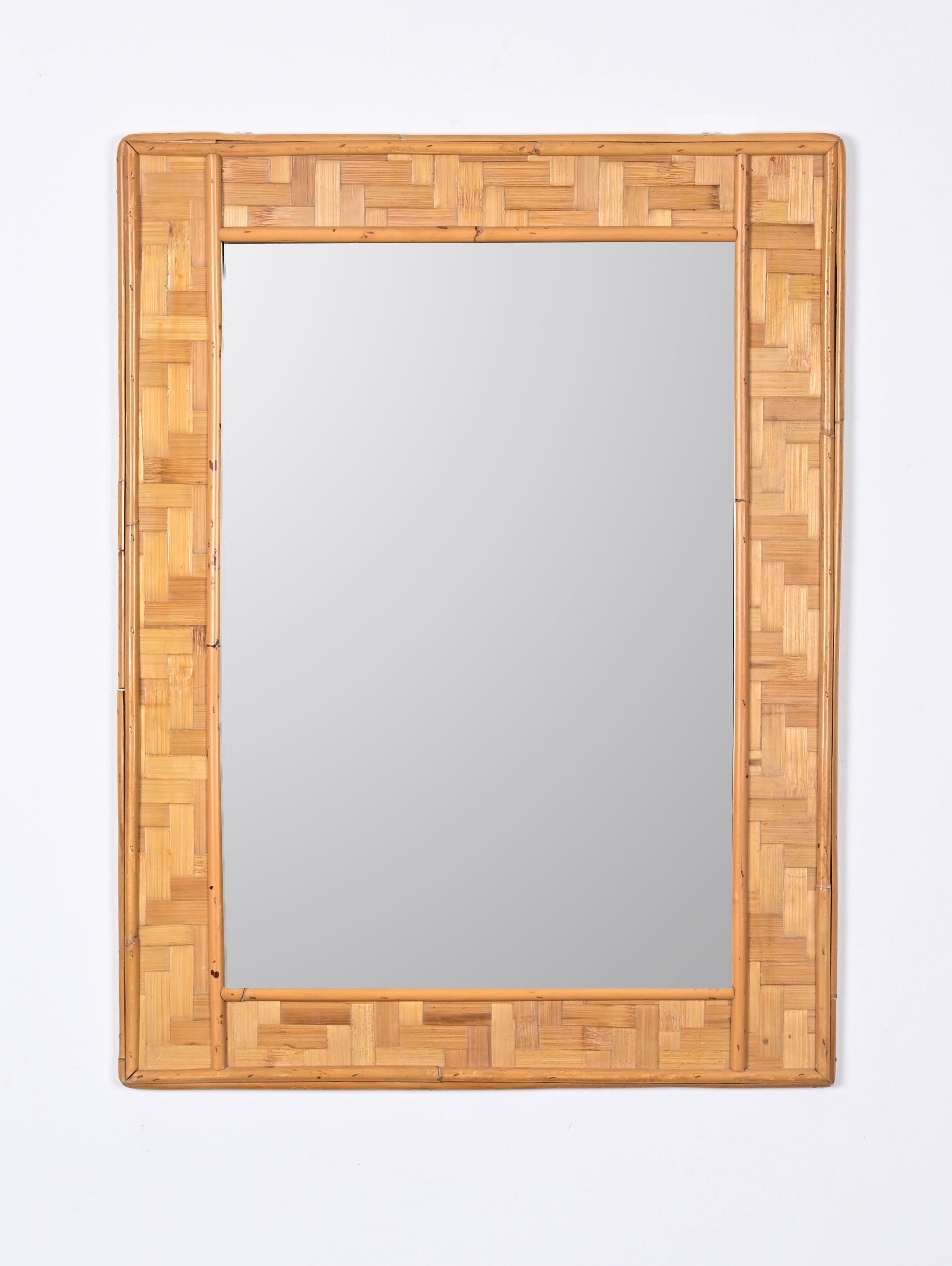 Midcentury Rectangular Bamboo and Woven Rattan Frame Italian Mirror, 1960s For Sale 2