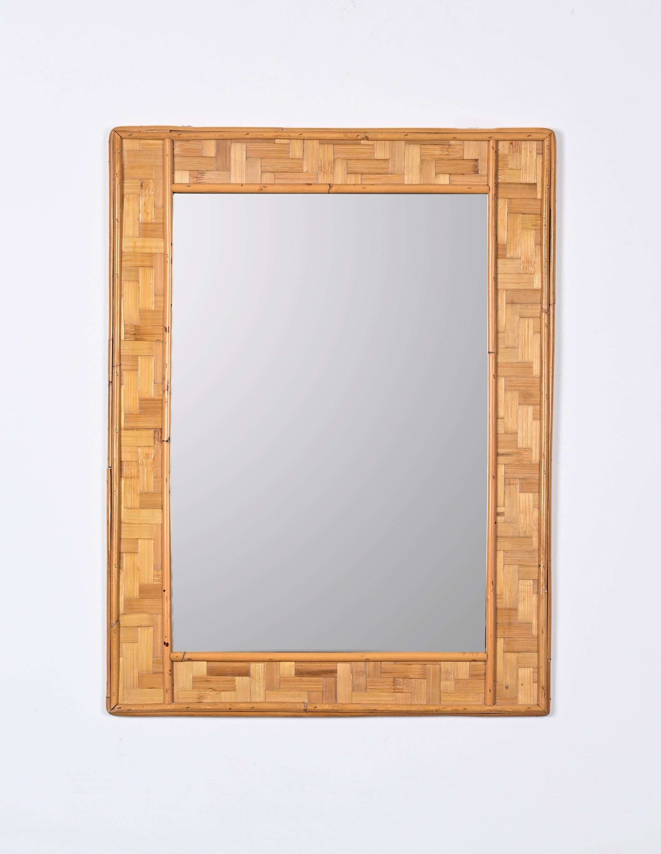 Midcentury Rectangular Bamboo and Woven Rattan Frame Italian Mirror, 1960s For Sale 4
