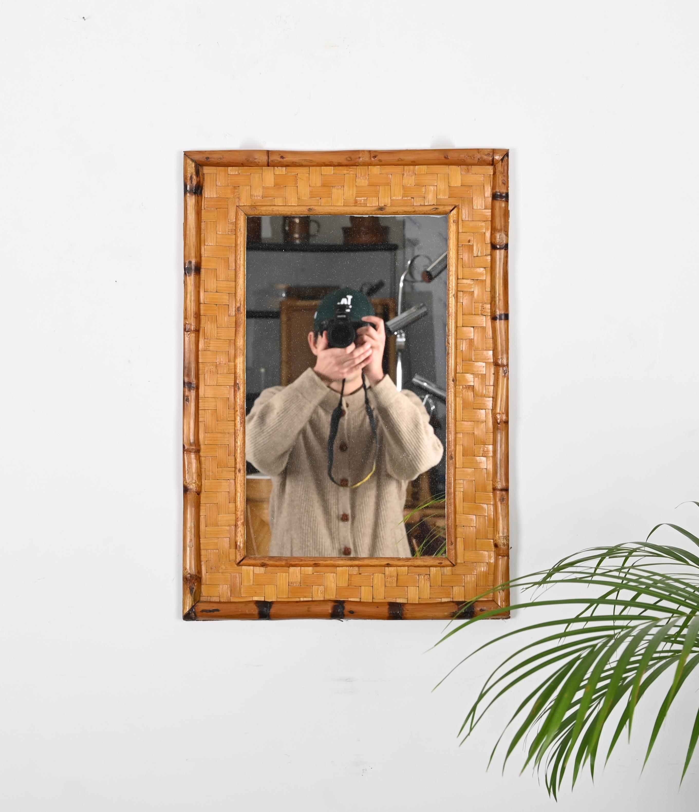 Miroir italien rectangulaire du milieu du siècle dernier, canne de bambou et rotin tissé, années 1960 en vente 3