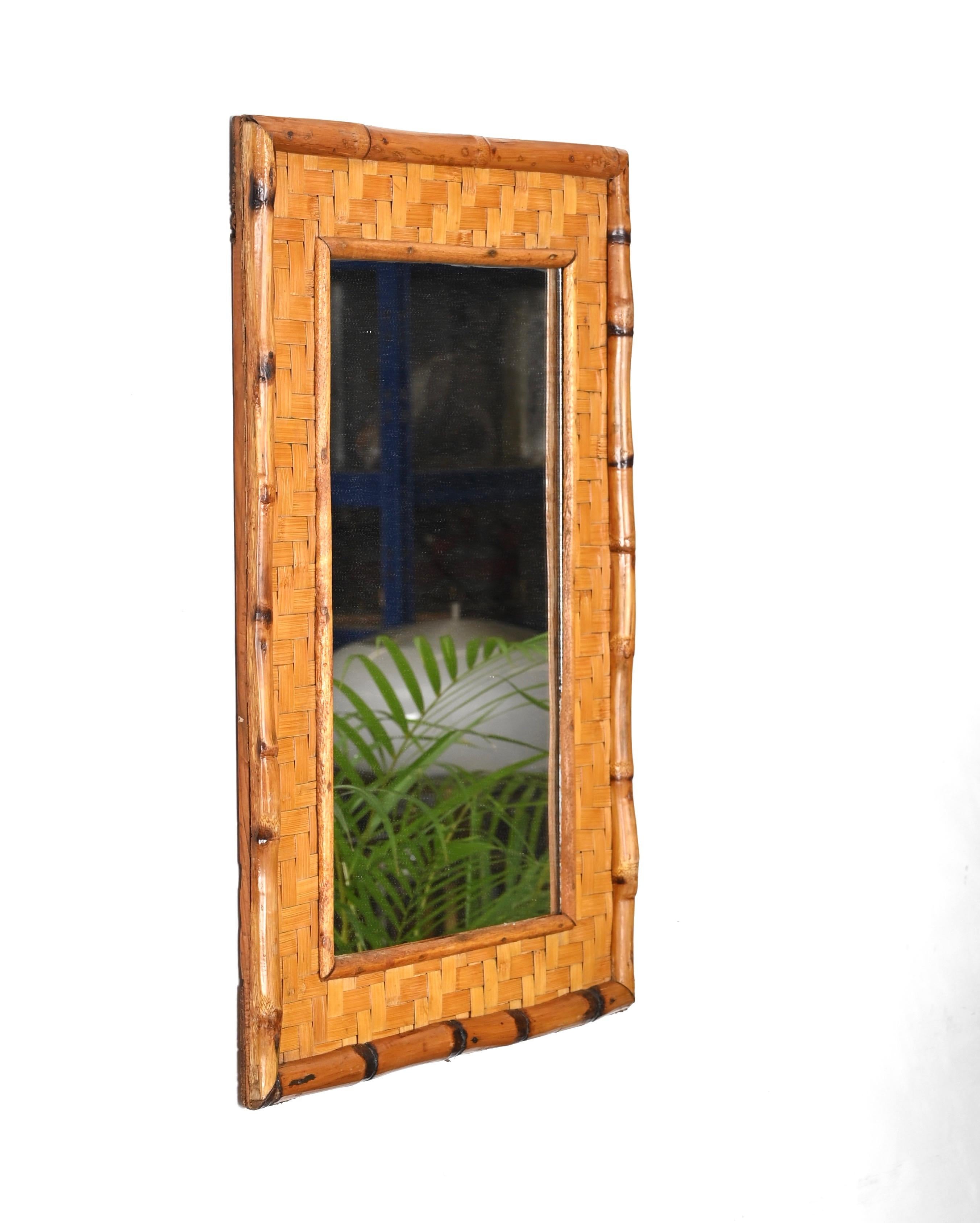 Mid-Century Rectangular Bamboo Cane and Woven Rattan Italian Mirror, 1960s For Sale 6