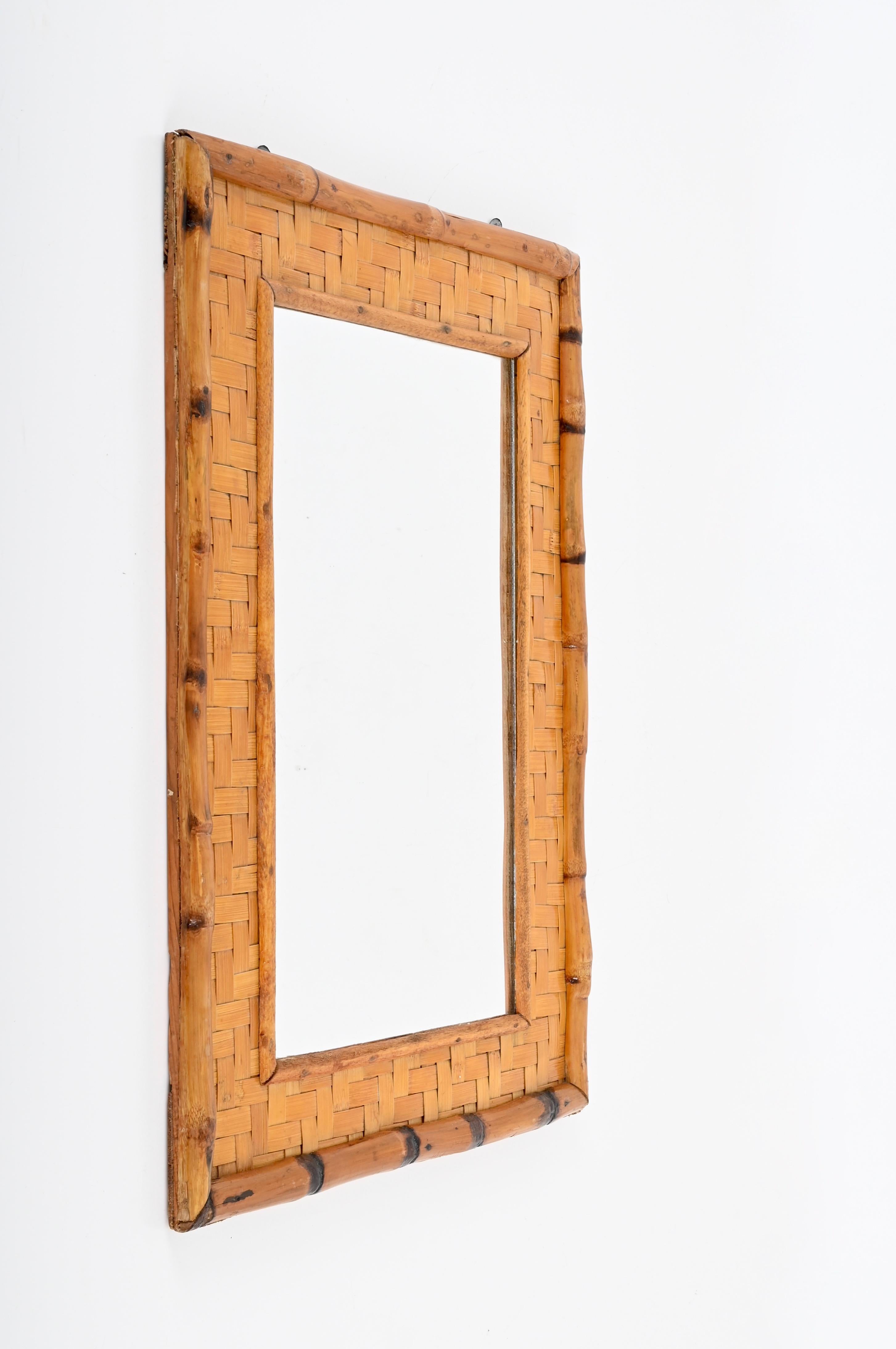 Mid-Century Modern Mid-Century Rectangular Bamboo Cane and Woven Rattan Italian Mirror, 1960s For Sale