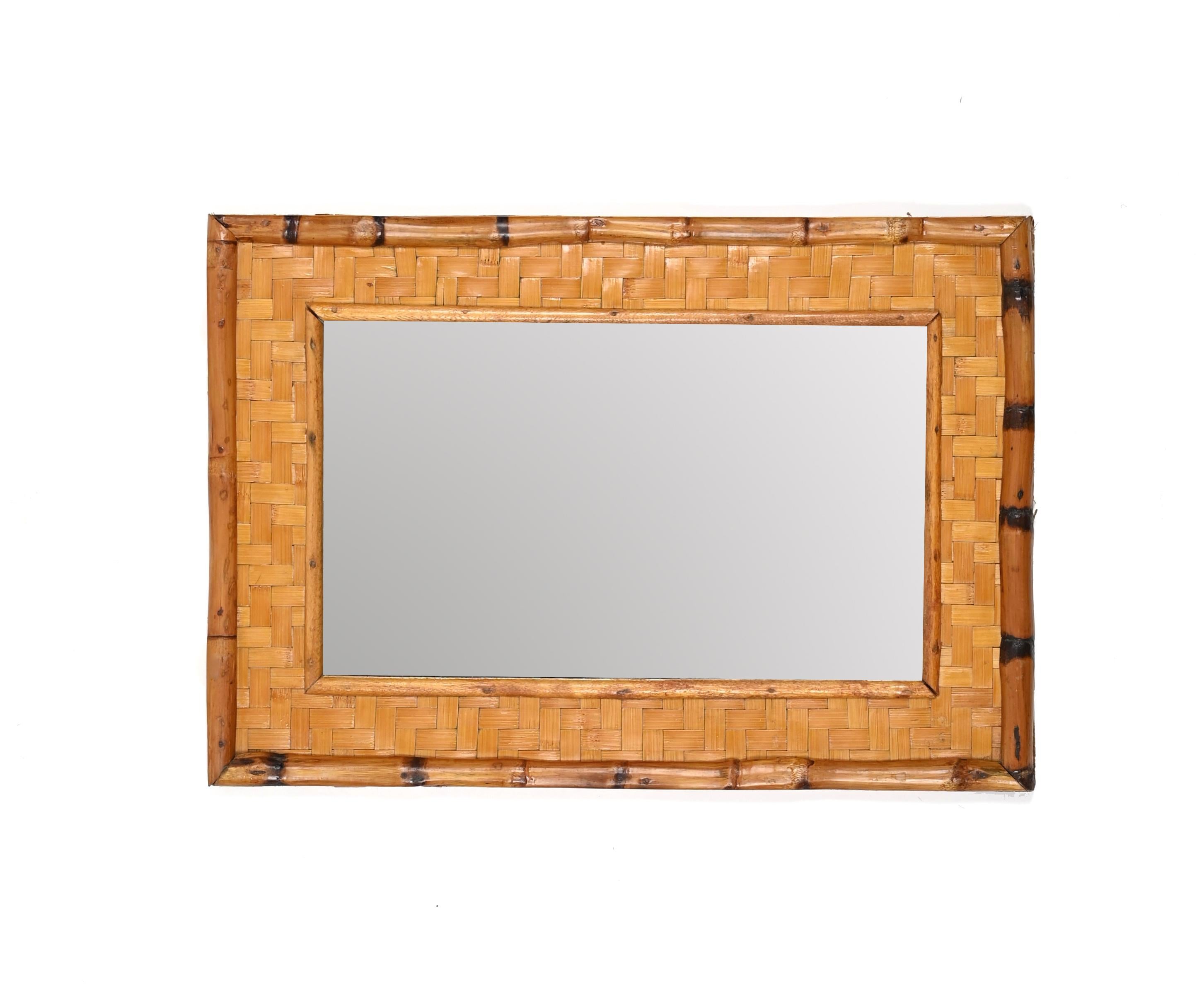 Hand-Crafted Mid-Century Rectangular Bamboo Cane and Woven Rattan Italian Mirror, 1960s For Sale