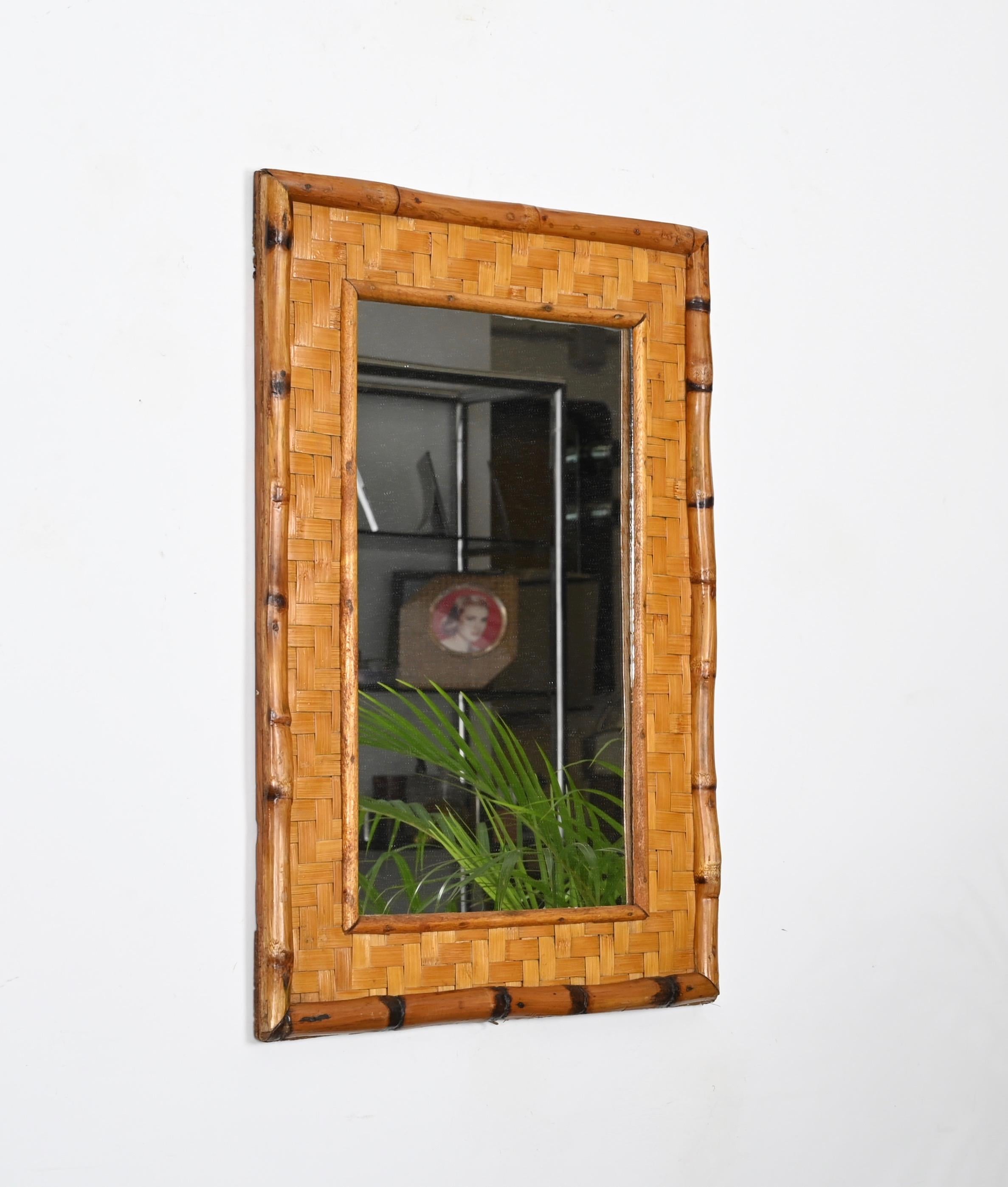 20th Century Mid-Century Rectangular Bamboo Cane and Woven Rattan Italian Mirror, 1960s For Sale