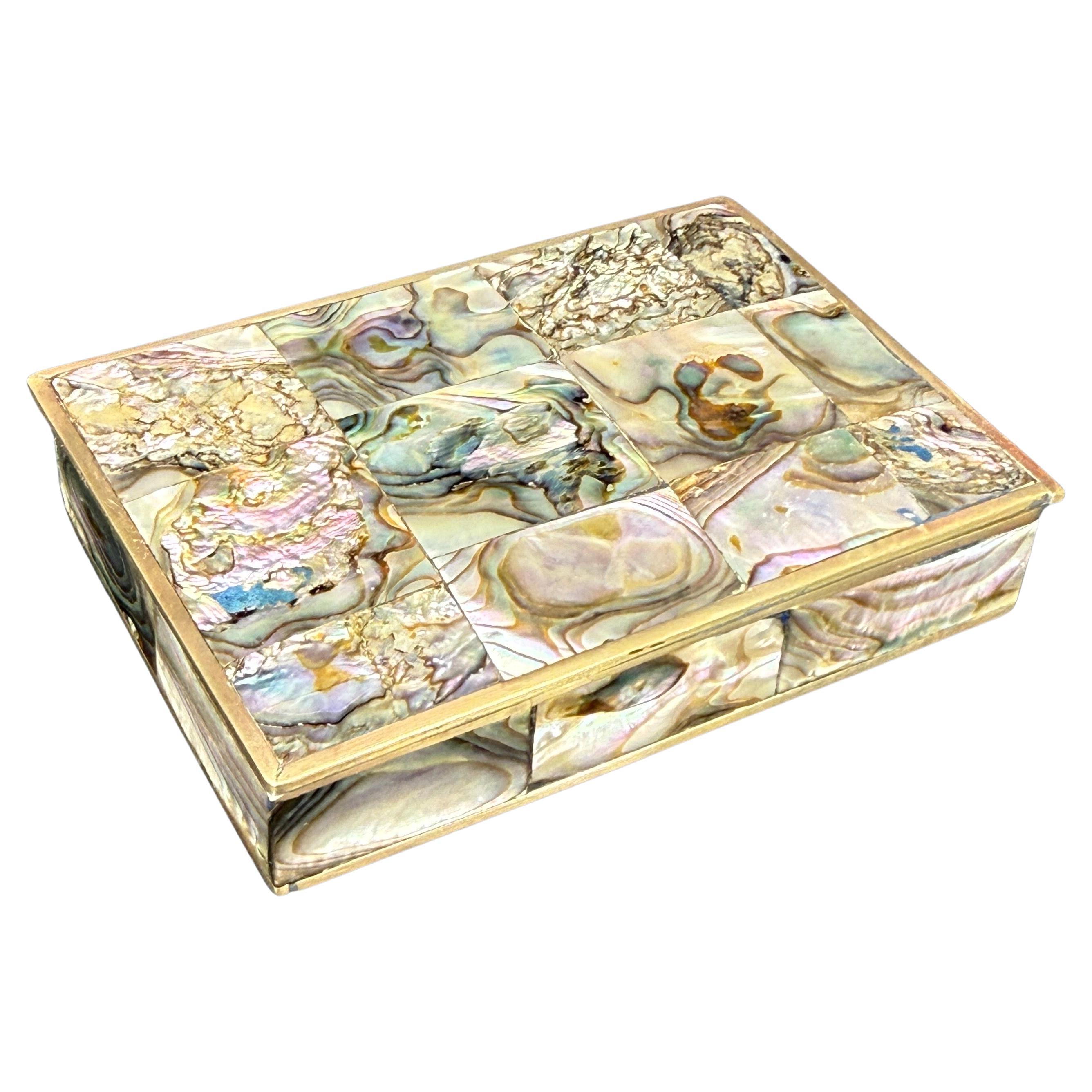 Mid-century Rectangular Brass And Shell Jewelry T… - image 1