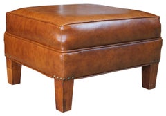 Mid-Century Rectangular Brown Leather Ottoman or Foot Stool Nailhead Trim