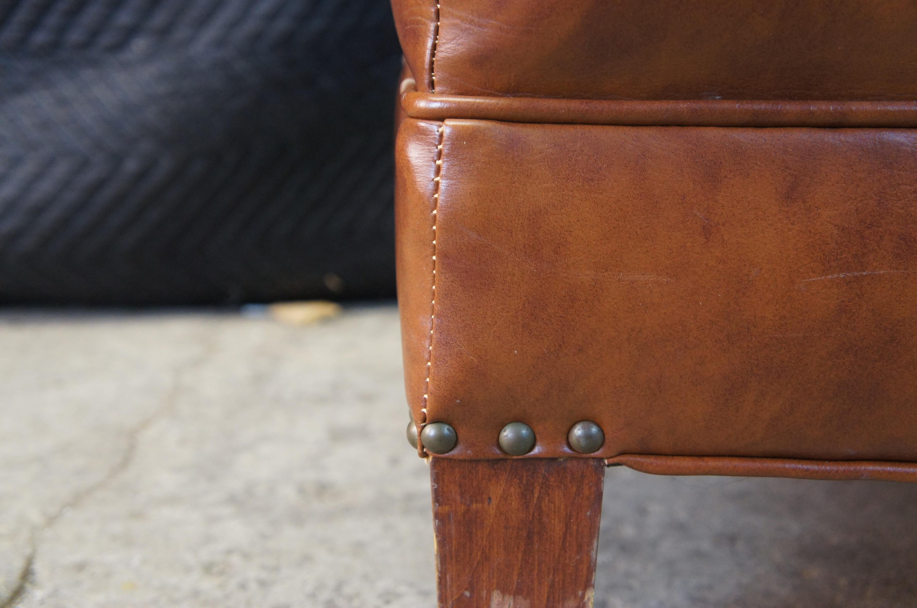 Mid-Century Rectangular Brown Leather Ottoman or Foot Stool Nailhead Trim 2