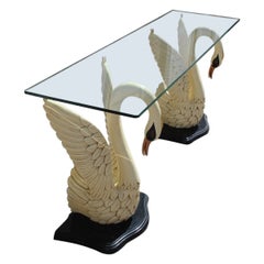 Mid-Century Rectangular Console with Pair Swans in Italy 1950s Lacquered Wood