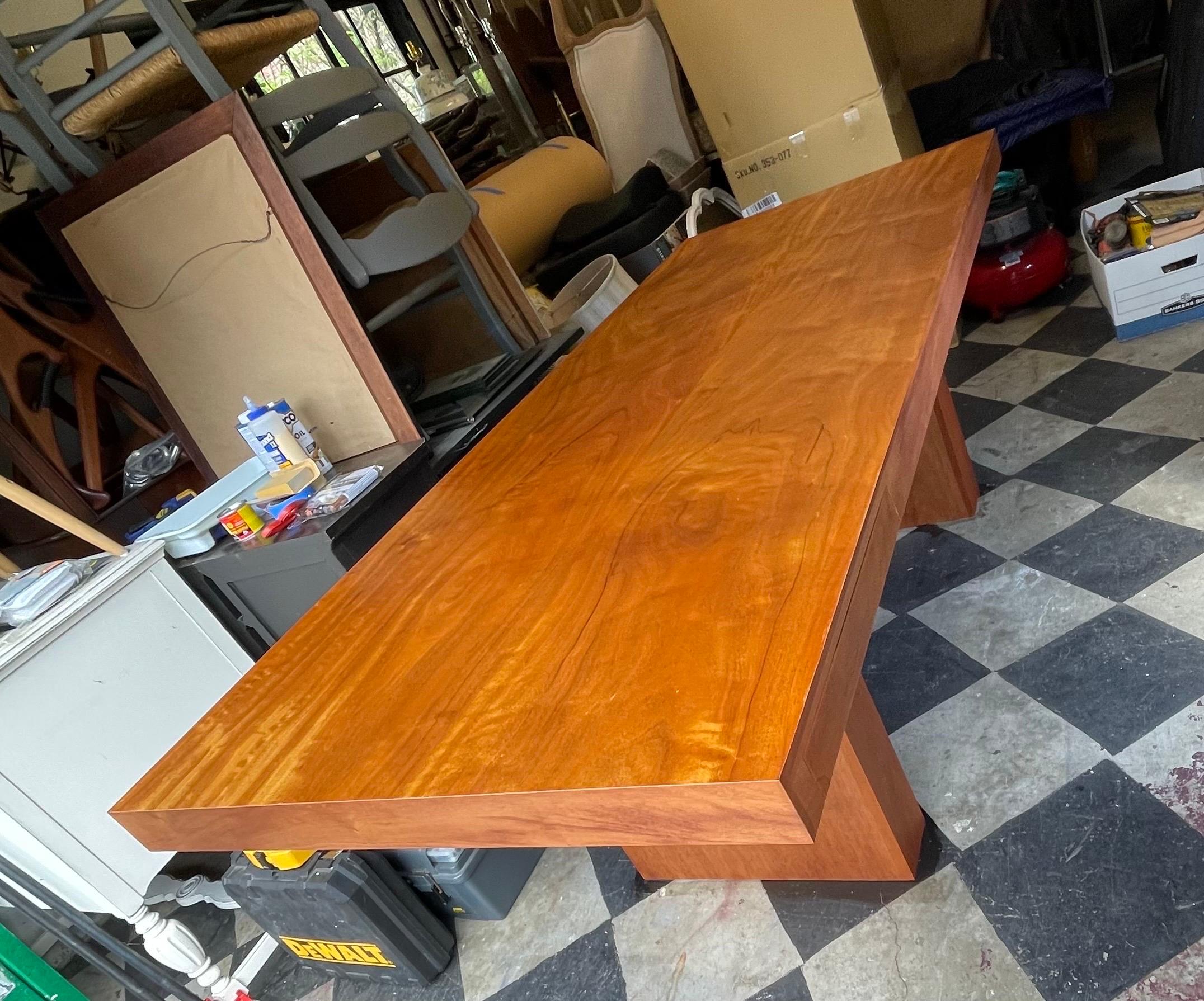 Spectacular Mid Century Parsons Executive desk in Honduran mahogany by Roger Sprunger for Dunbar. Beautifully refinished. Minor repairs at two corners and appear exaggerated in photos, additional photos if requested.